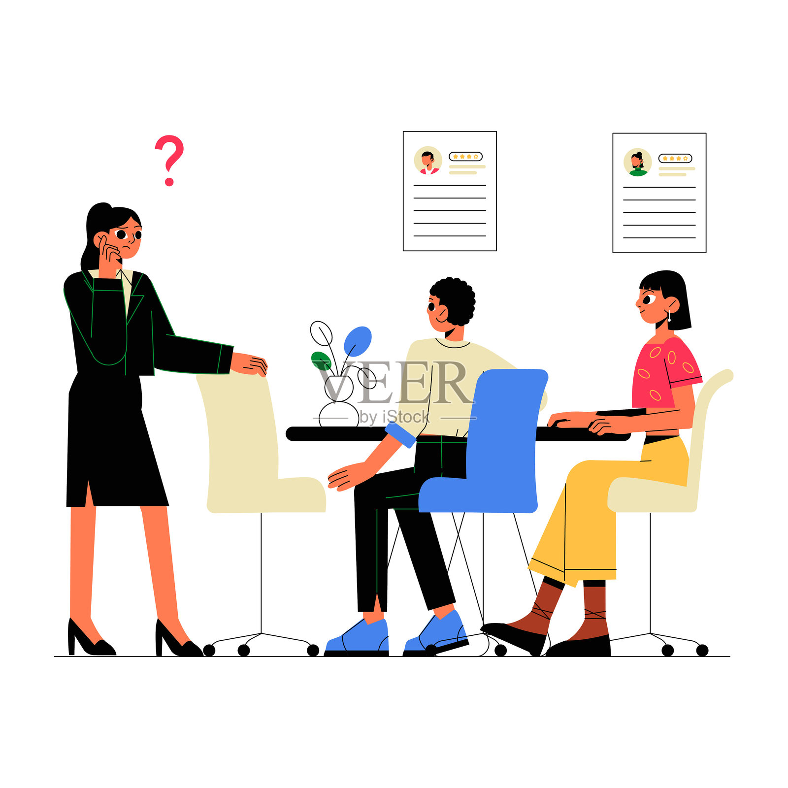团队成员与主管的商务会议，扁平化矢量插图，象征决策、沟通和职场互动，背景为白色。插画图片素材