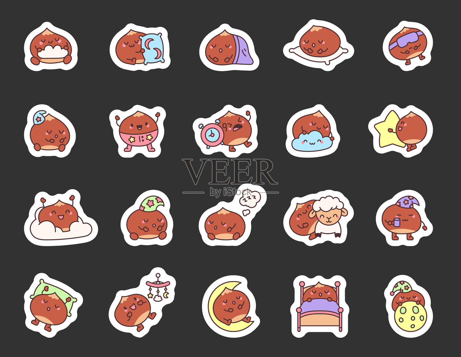 栗子角色集，包含睡觉、放松、坐着、微笑、做梦、休息、舒适的姿势，适用于床边和夜晚插图，展现各种可爱的卡哇伊情感和物品。插画图片素材