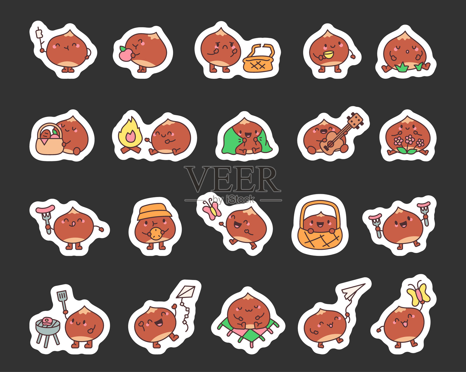 可爱的卡哇伊栗子野餐角色套装，包含棉花糖、吉他、风筝、蝴蝶、烧烤、杯子、篮子、花朵等，适合创意插图。插画图片素材