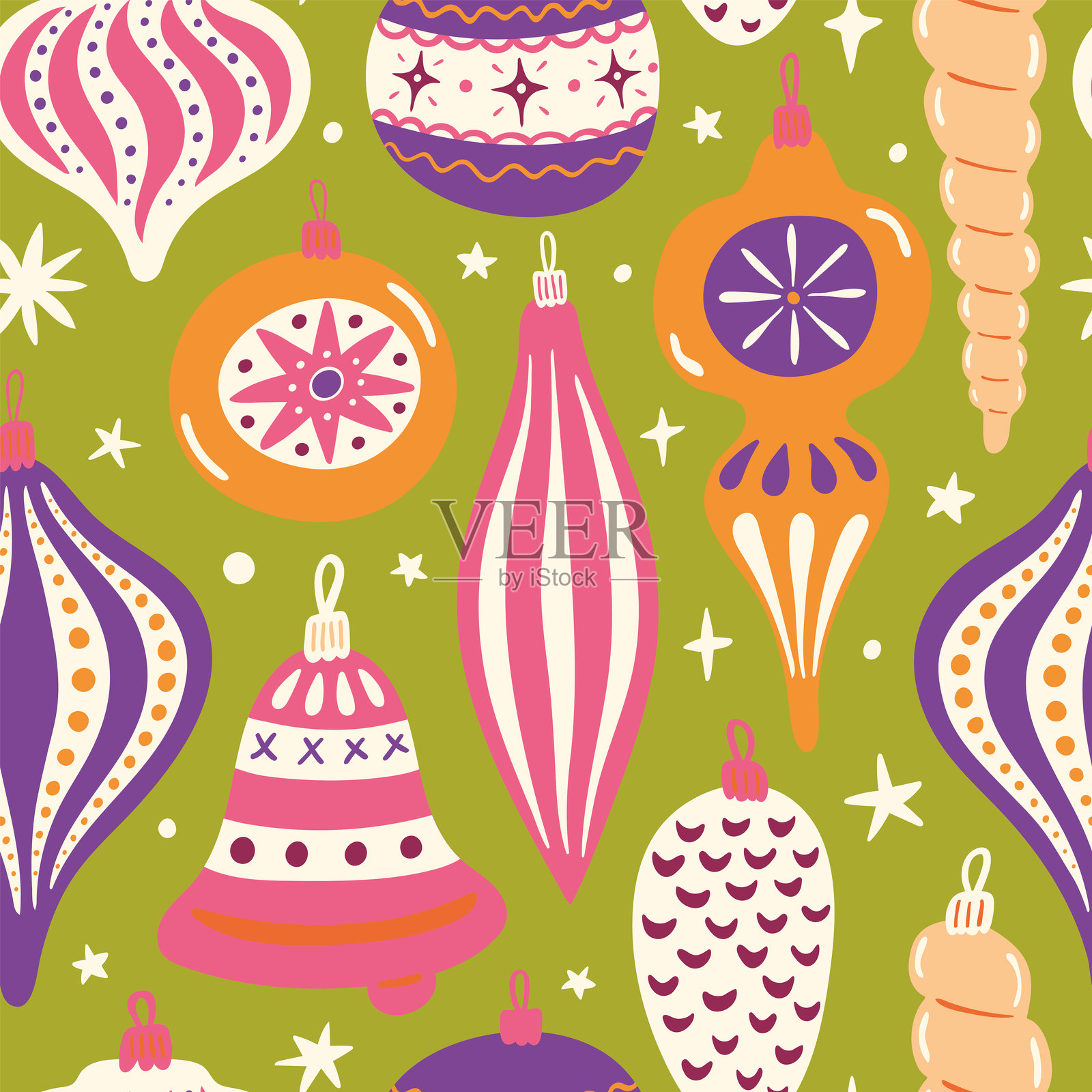 矢量圣诞无缝图案。扁平风格的新年插图，独立于背景。适合面料或包装纸设计的明亮多彩设计。插画图片素材