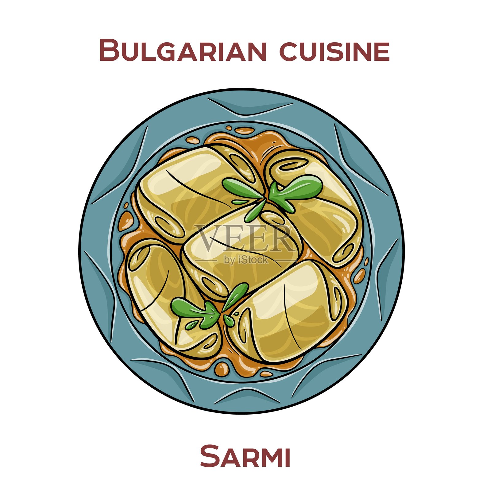 萨尔米是一道传统的保加利亚菜，由包菜或葡萄藤叶包裹调味米饭和剁碎肉制成，通常配以酸奶油。插画图片素材