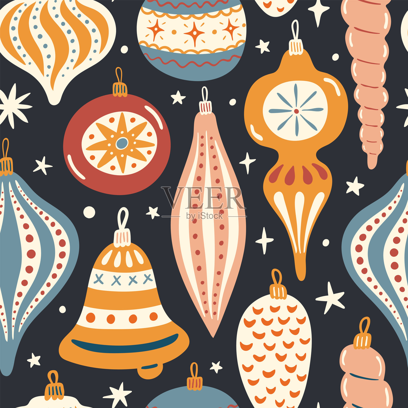 矢量圣诞无缝图案。扁平风格的新年插图，独立于背景。适合面料或包装纸设计的明亮多彩设计。插画图片素材