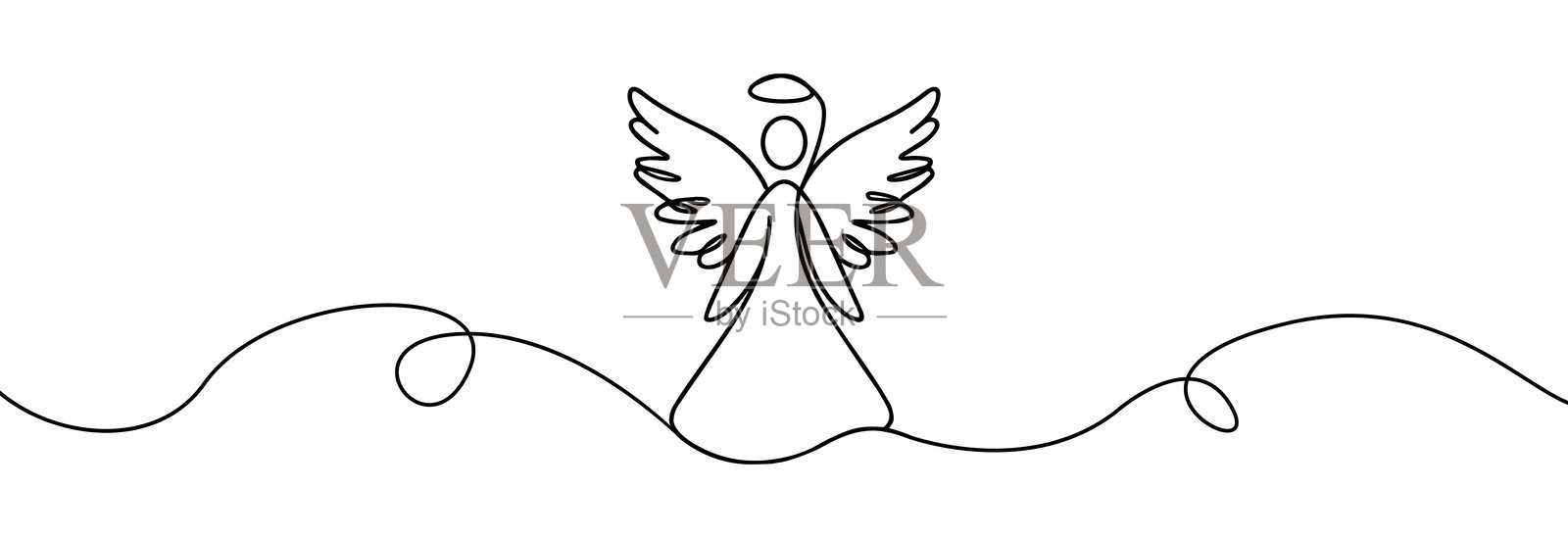 简单的连续线条画圣诞天使。圣诞天使线条艺术。白色背景上的圣诞和宗教符号。天使吹号的剪影。插画图片素材
