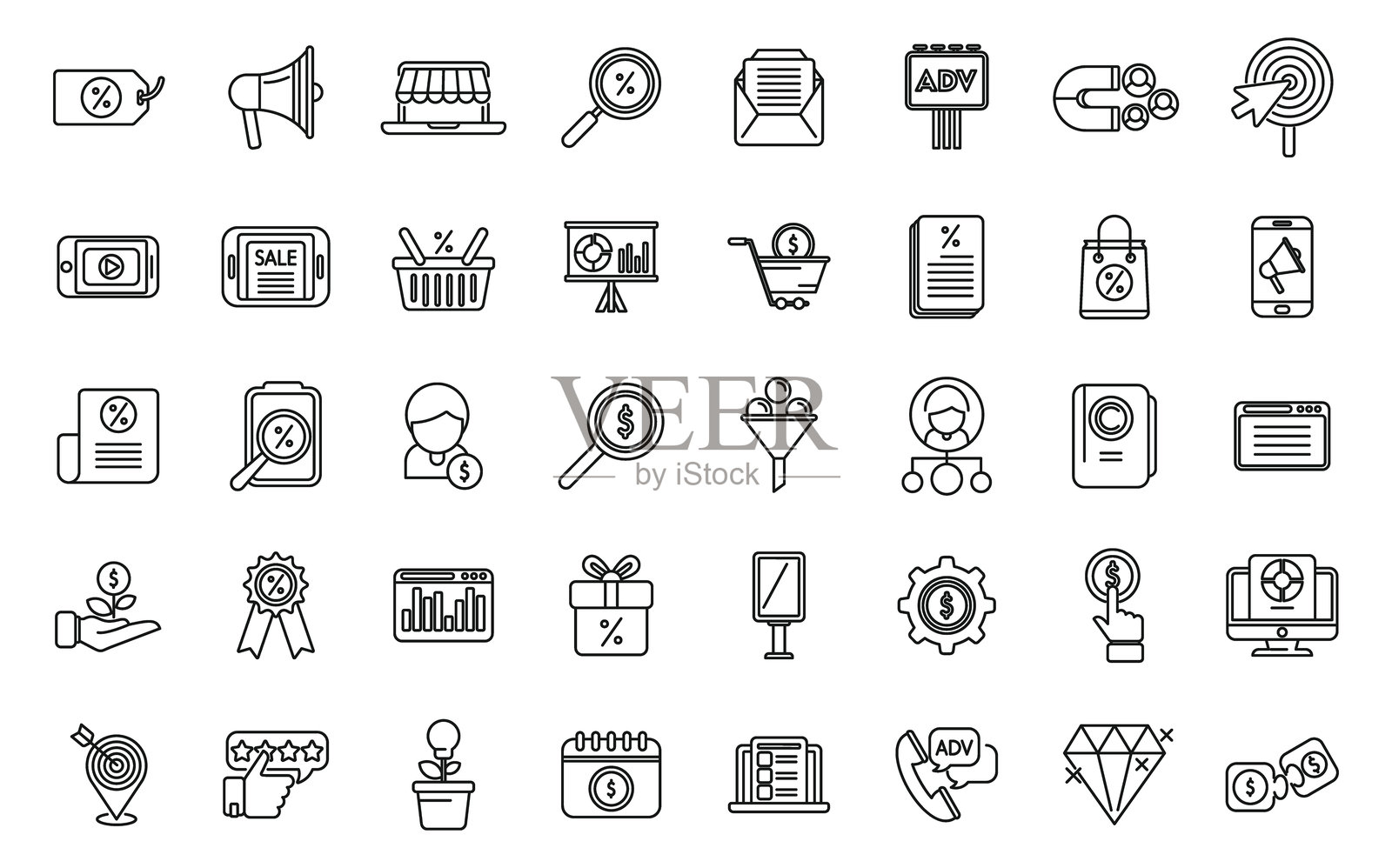 市场营销组合图标集轮廓矢量图。市场消费者插画图片素材