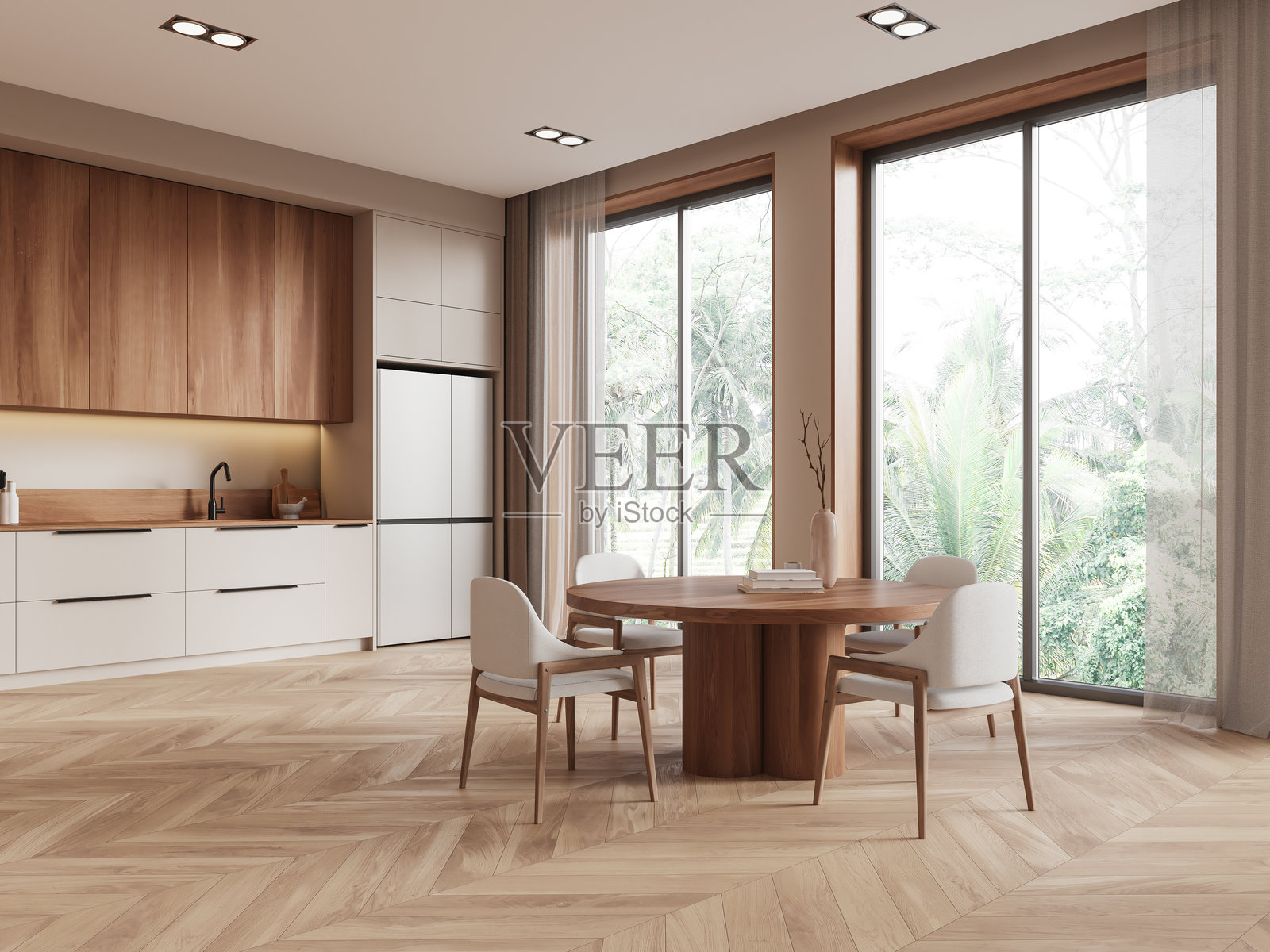 现代厨房和餐厅，配有木质装饰和俯瞰绿意的大窗户。3D渲染图照片摄影图片