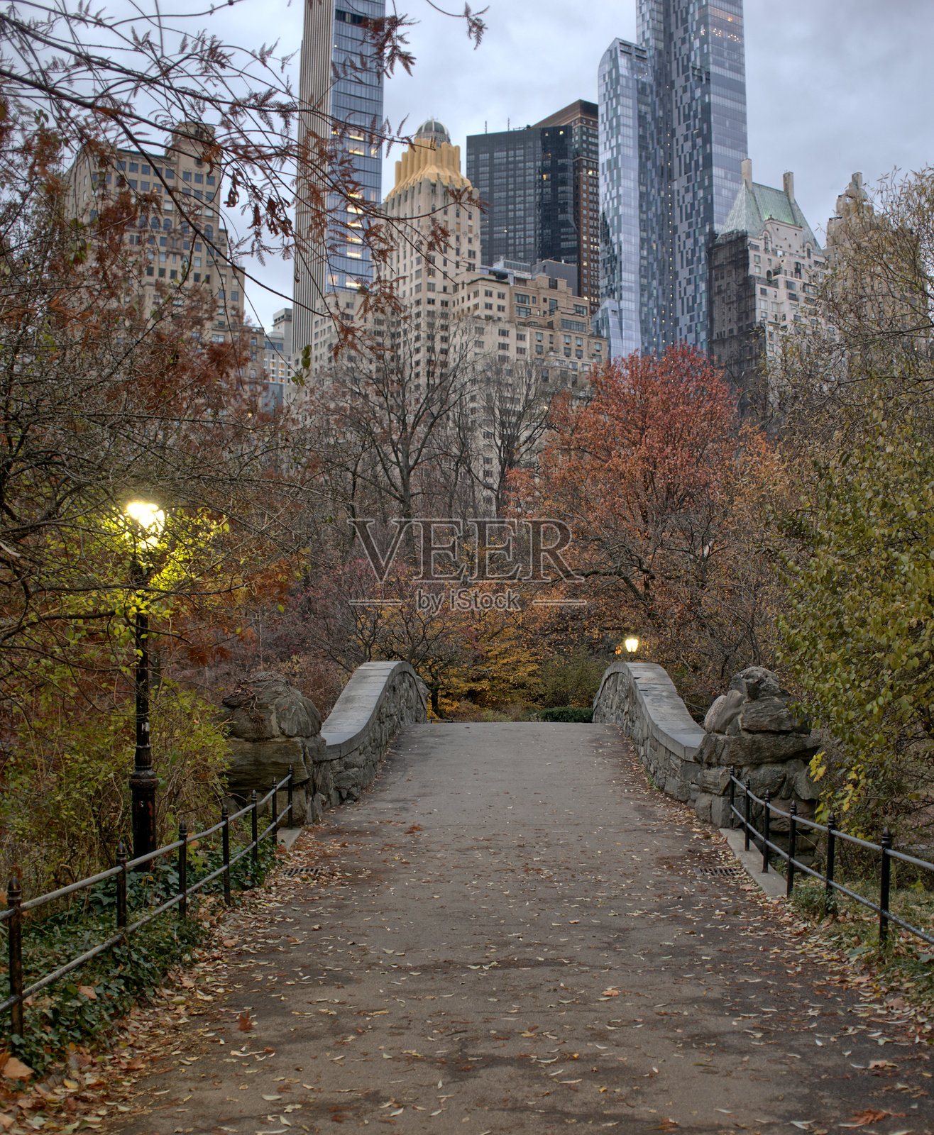 中央公园的Gapstow桥，深秋时节照片摄影图片