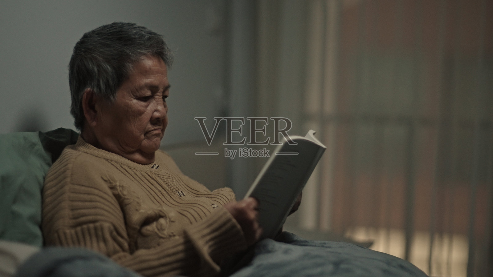 老年女性在卧室里阅读一本书。照片摄影图片