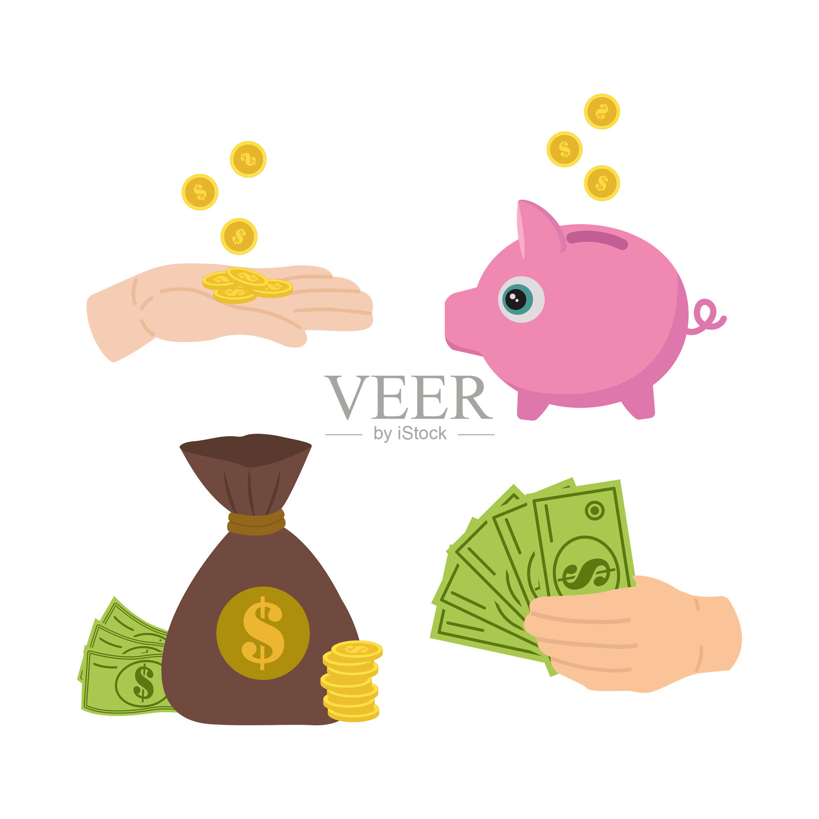 矢量金融图标。一组色彩丰富的扁平图标，包含货币和金融符号的图像。适用于商业的一组图标。高质量。插画图片素材