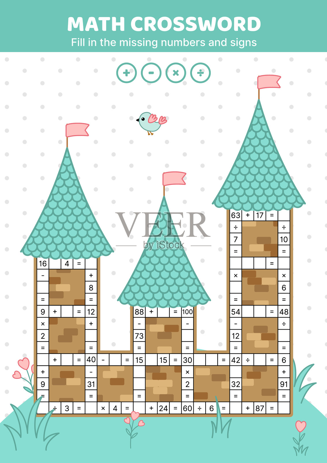 数学填字游戏与城堡。加法、减法、乘法、除法。填入缺失的数字和符号。插画图片素材