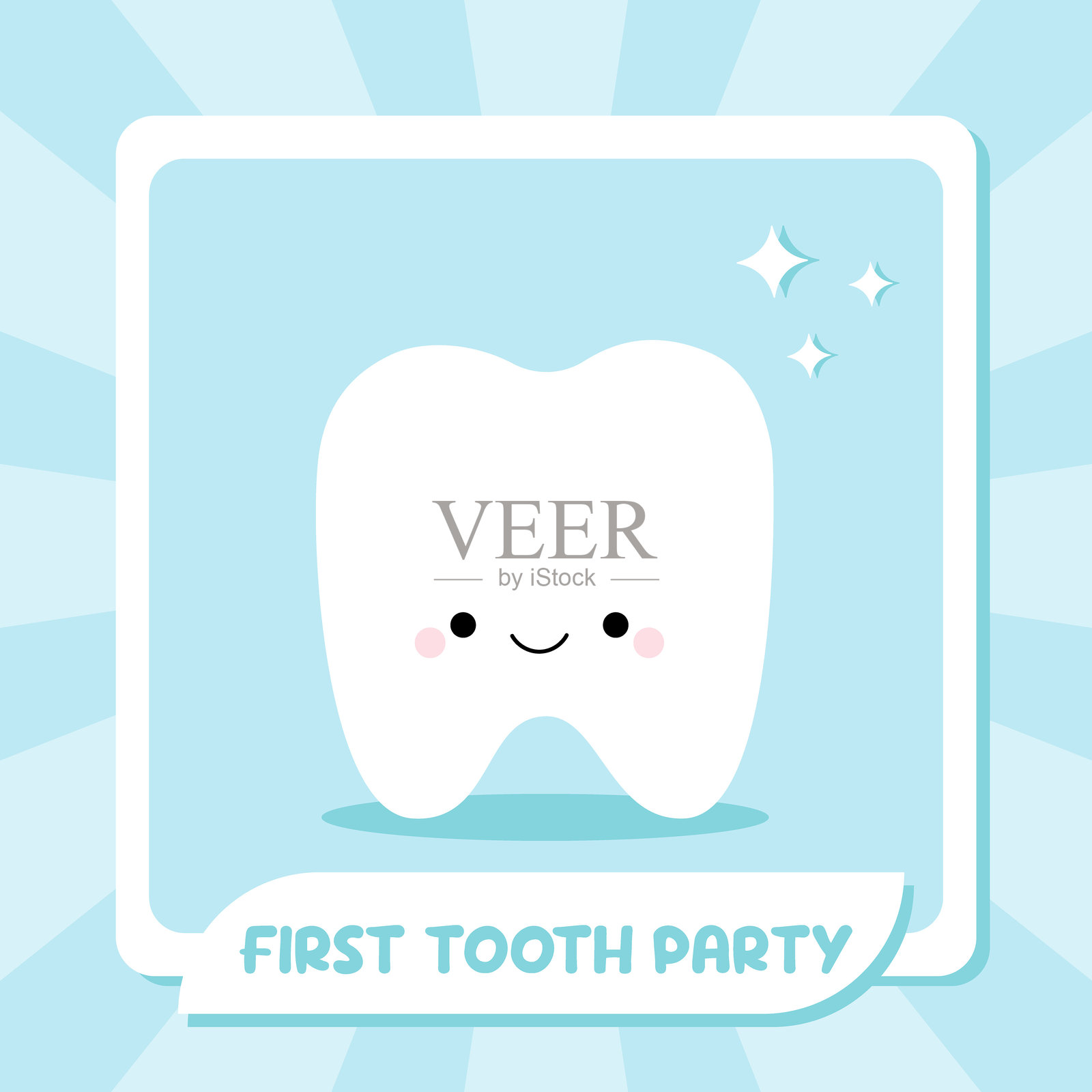 First tooth party for a boy. Invitation, blue background with cute kawaii tooth插画图片素材