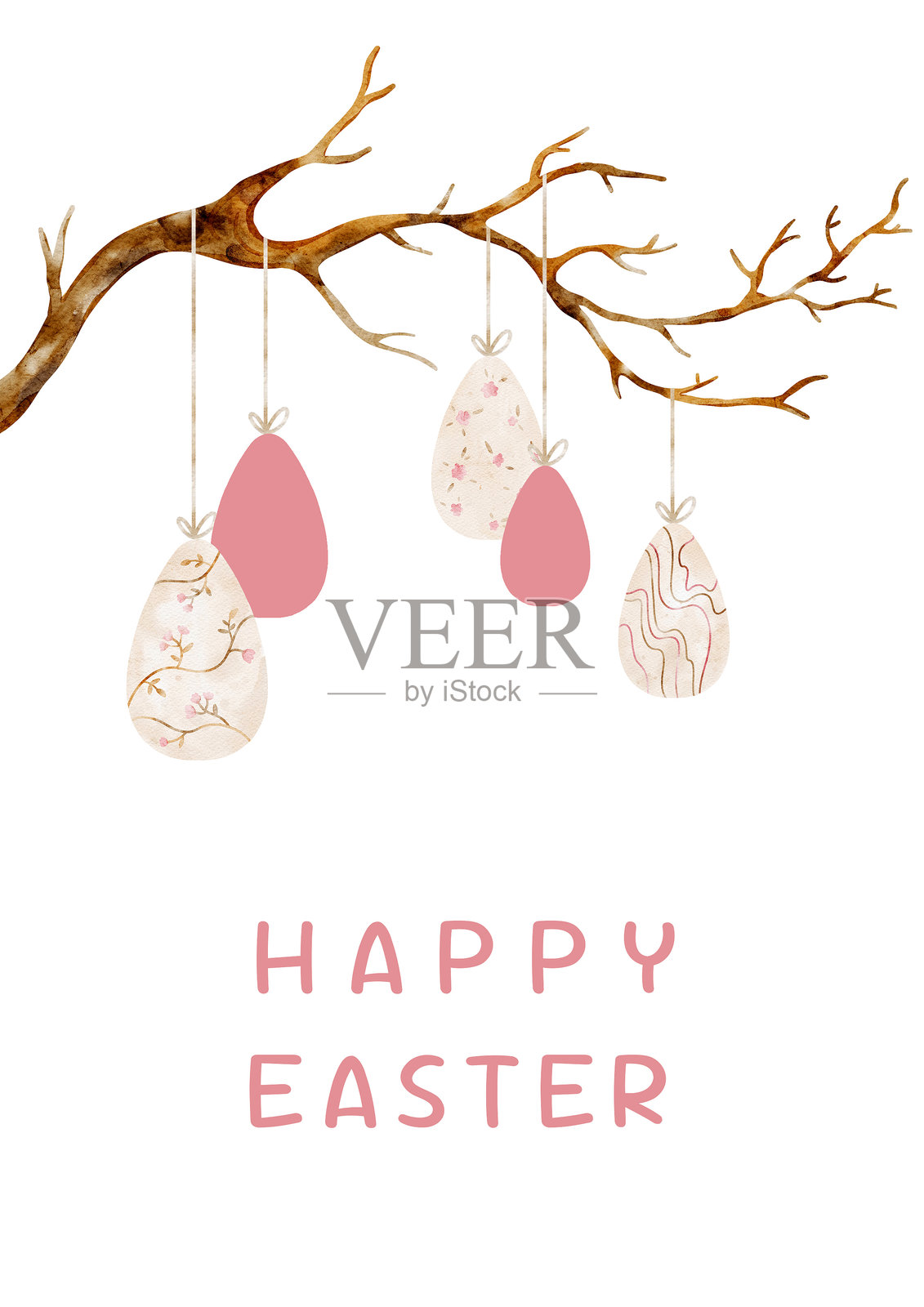 复活节插图：悬挂在树枝上的彩蛋，水彩明信片设计，配有节日春季装饰和华丽的复古风格图案插画图片素材