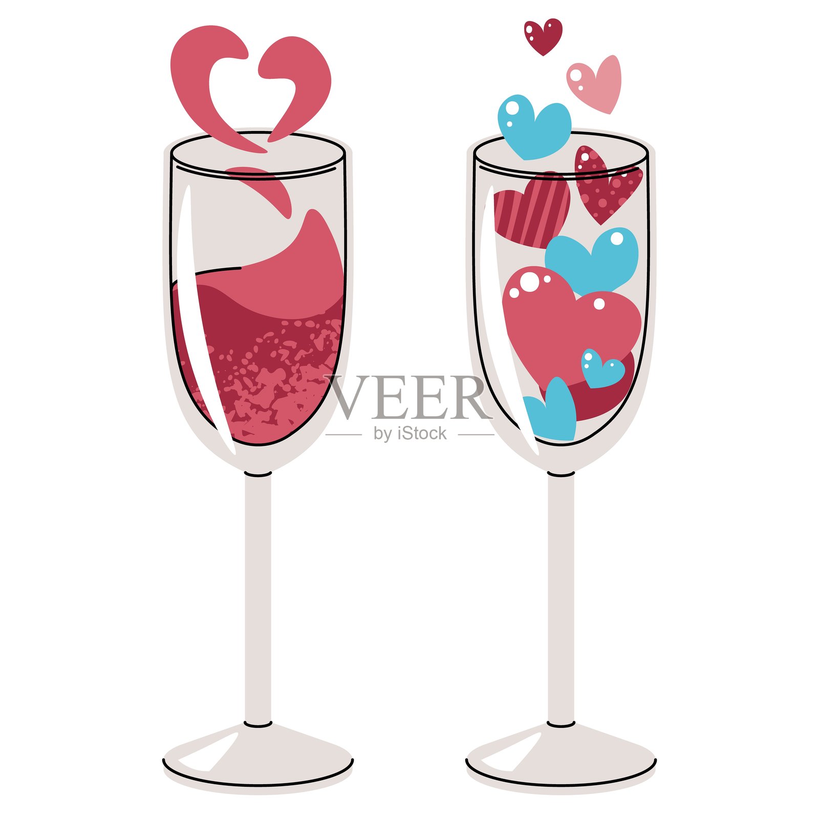 带有心形图案的酒杯，平面卡通风格。白色背景上的酒杯。适用于情人节的卡片、贴纸、横幅等的矢量插图。插画图片素材