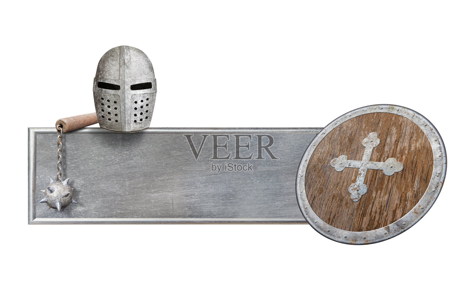 金属框架上有头盔、链锤和木盾牌照片摄影图片