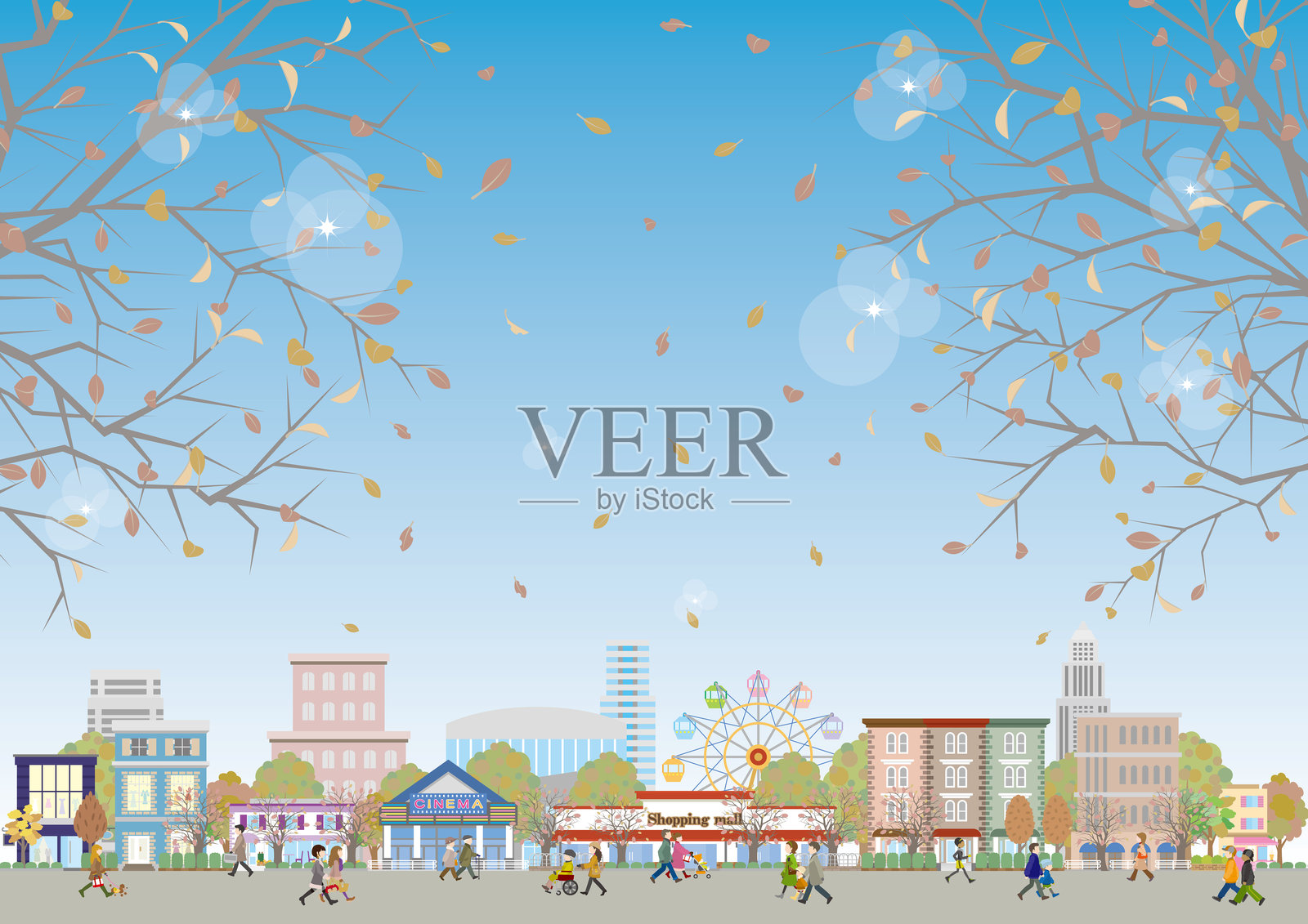 冬季城市风景插图。人们在街上行走的插图。插画图片素材