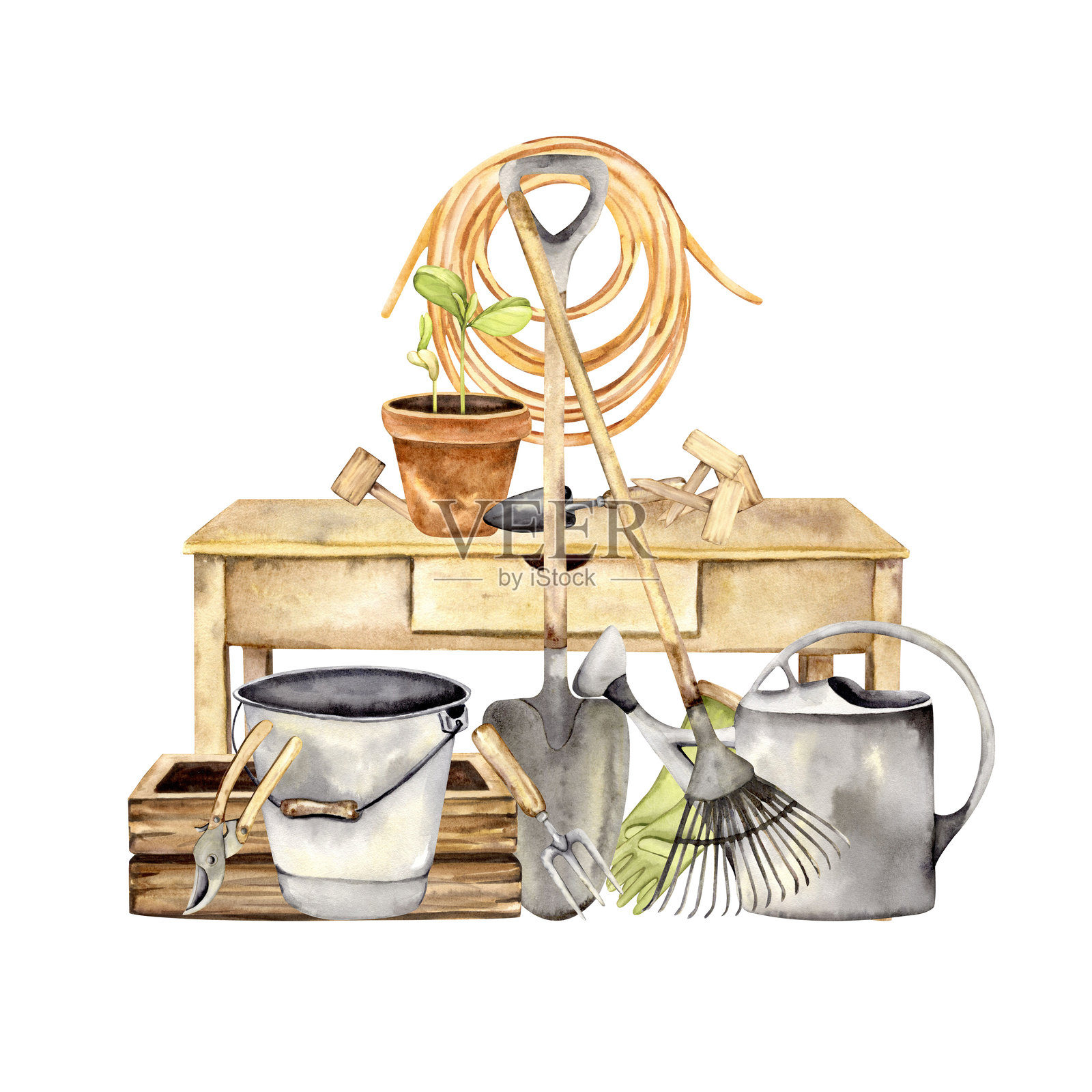 园艺桌与工具插画图片素材