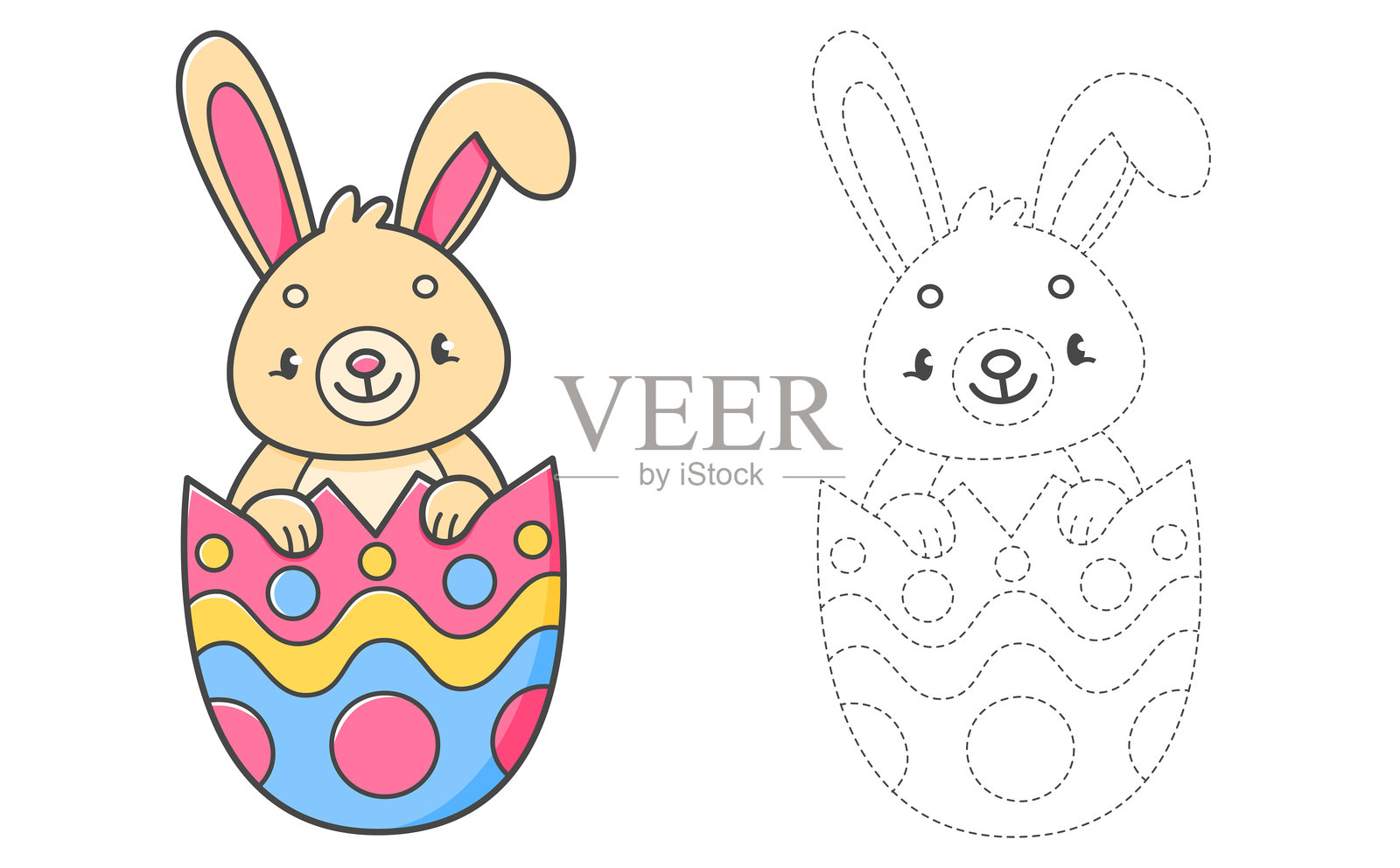 儿童涂色书中的兔子与复活节彩蛋。卡通兔子的涂色页面。插画图片素材