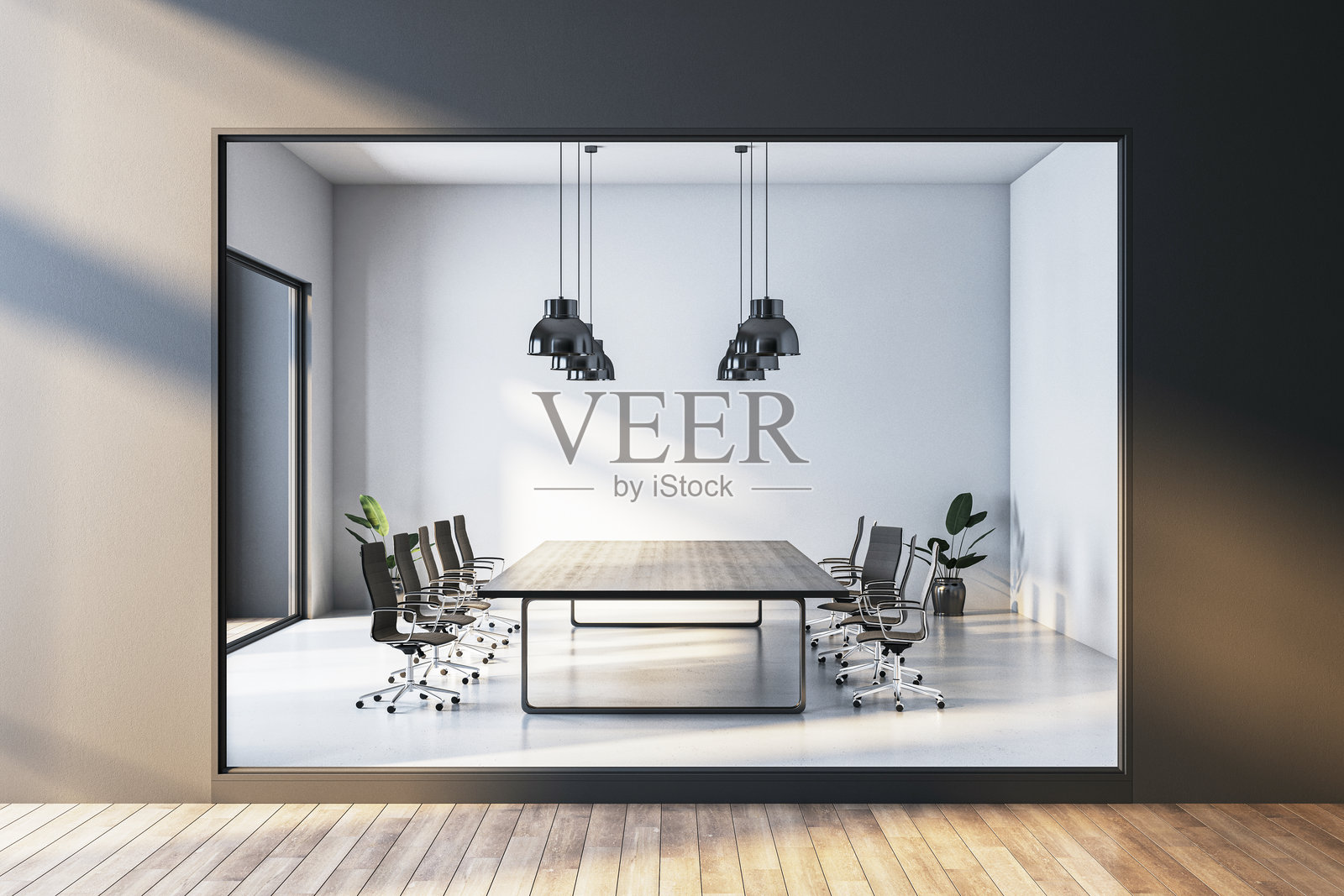 现代会议室，配有大桌子和椅子，明亮的室内环境。3D渲染图。照片摄影图片