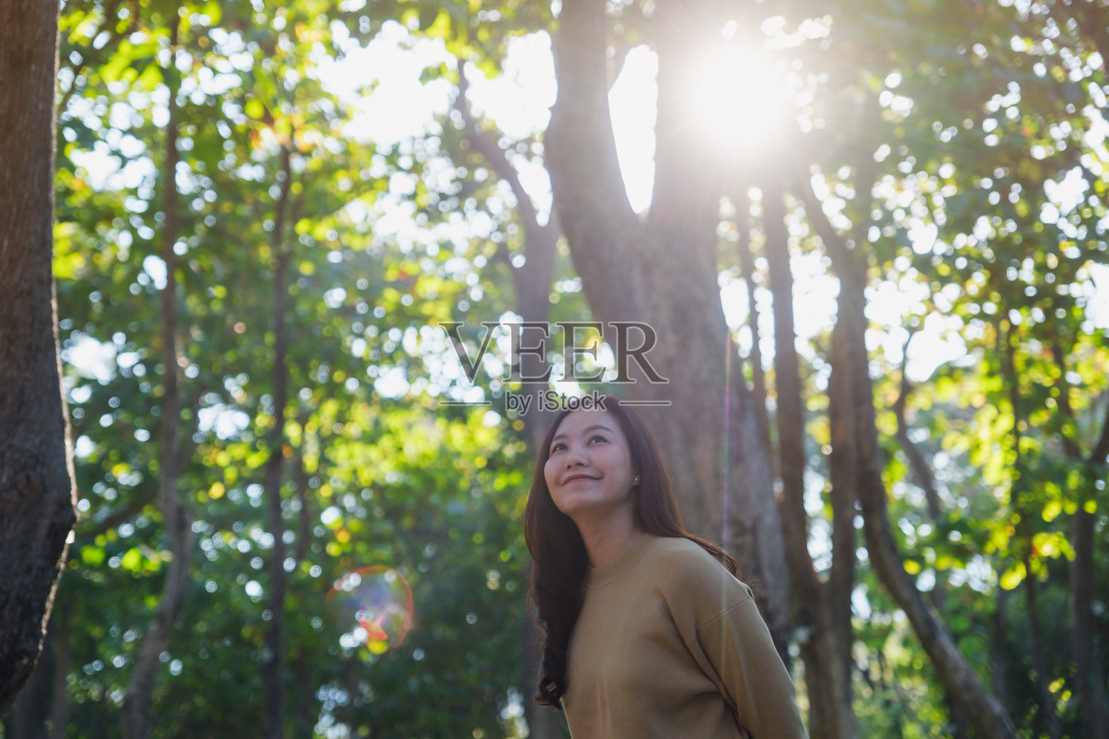 一位女性在公园里凝视树木的肖像照照片摄影图片