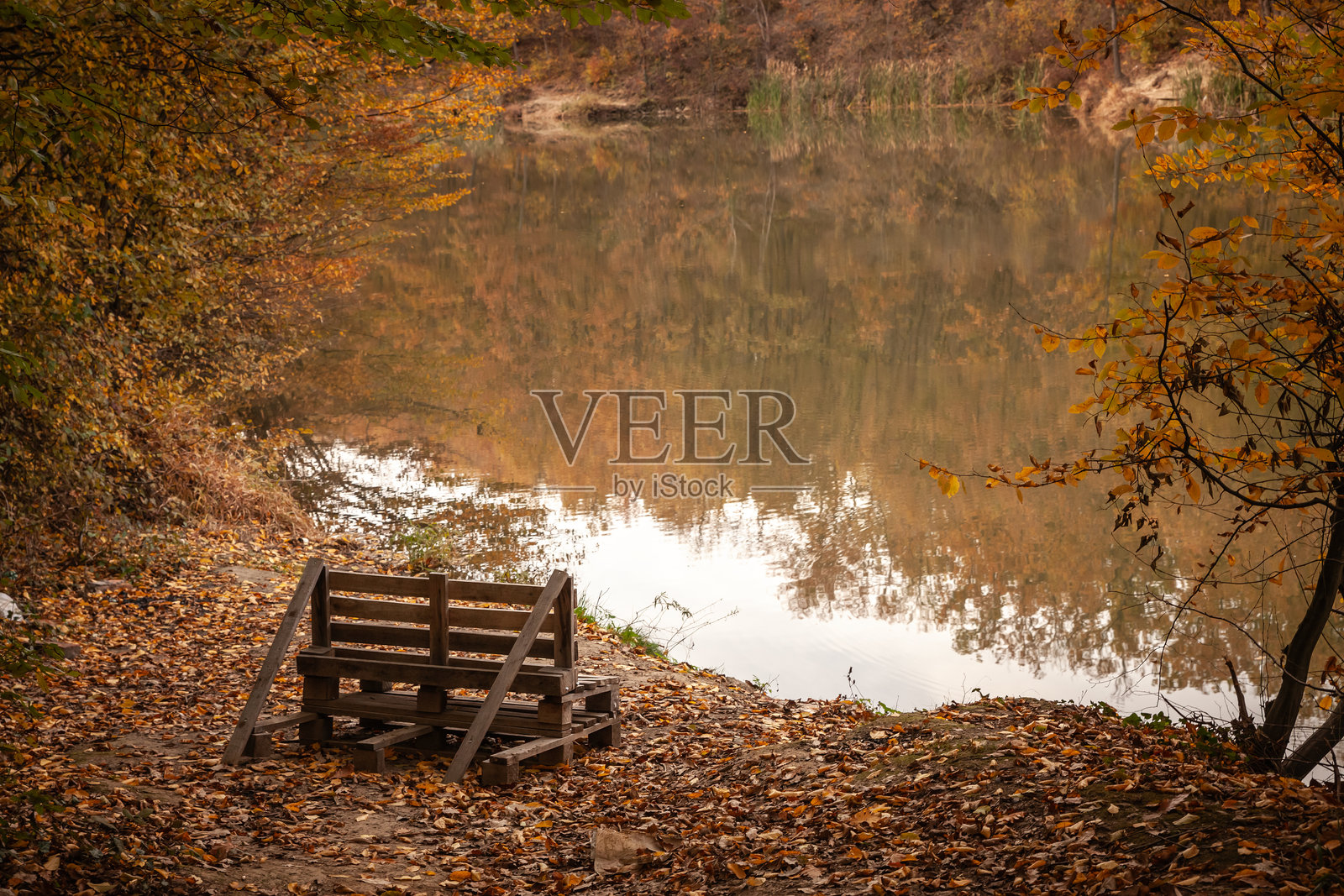 一个用木托盘制作的乡村长椅坐落在塞尔维亚的白河湖（jezero bela reka）旁，周围是宁静的湖水和秋天的落叶。它的手工风格吸引游客欣赏这美丽的水景。照片摄影图片