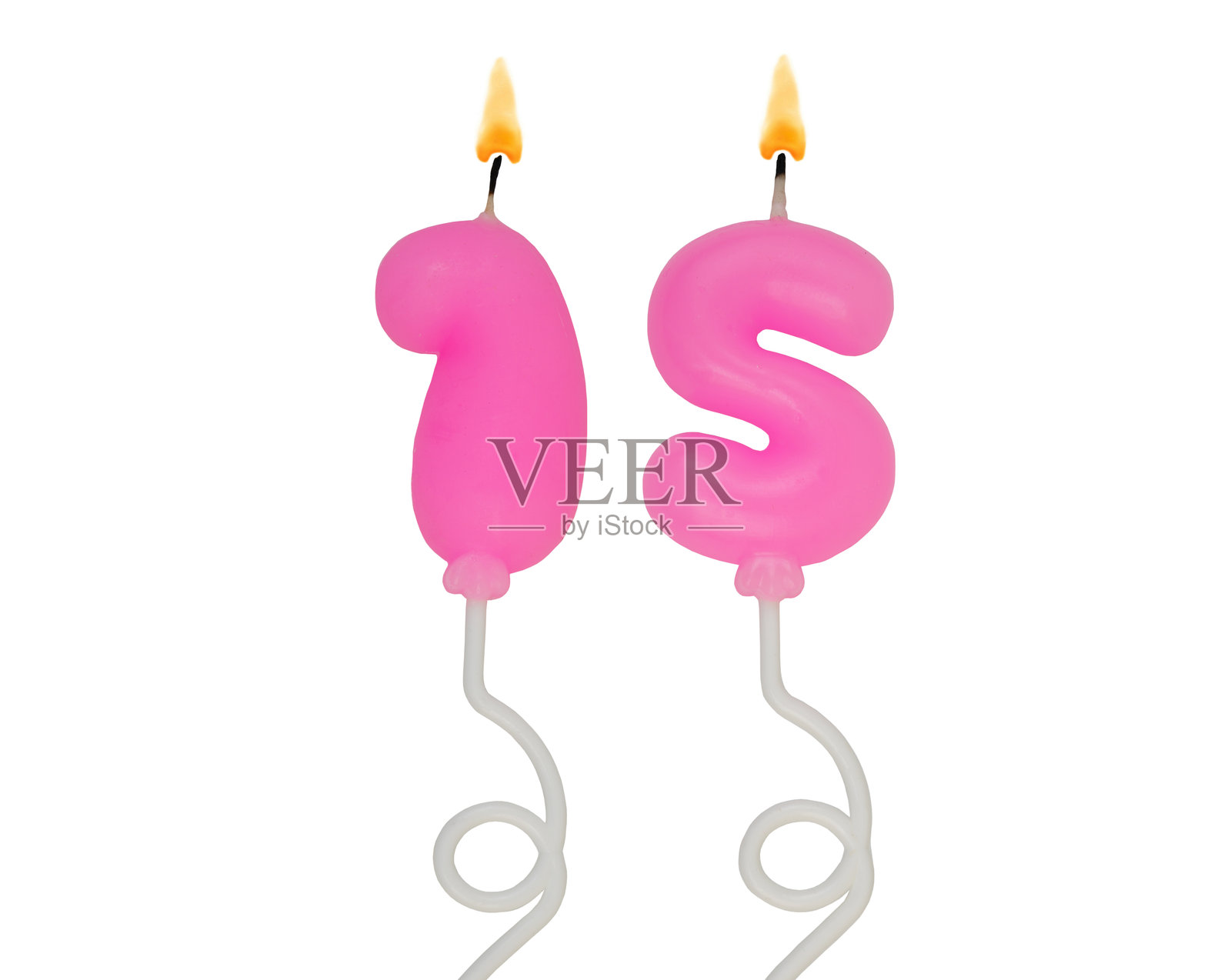 粉色气球形状的生日蜡烛，数字15，孤立在白色背景上照片摄影图片