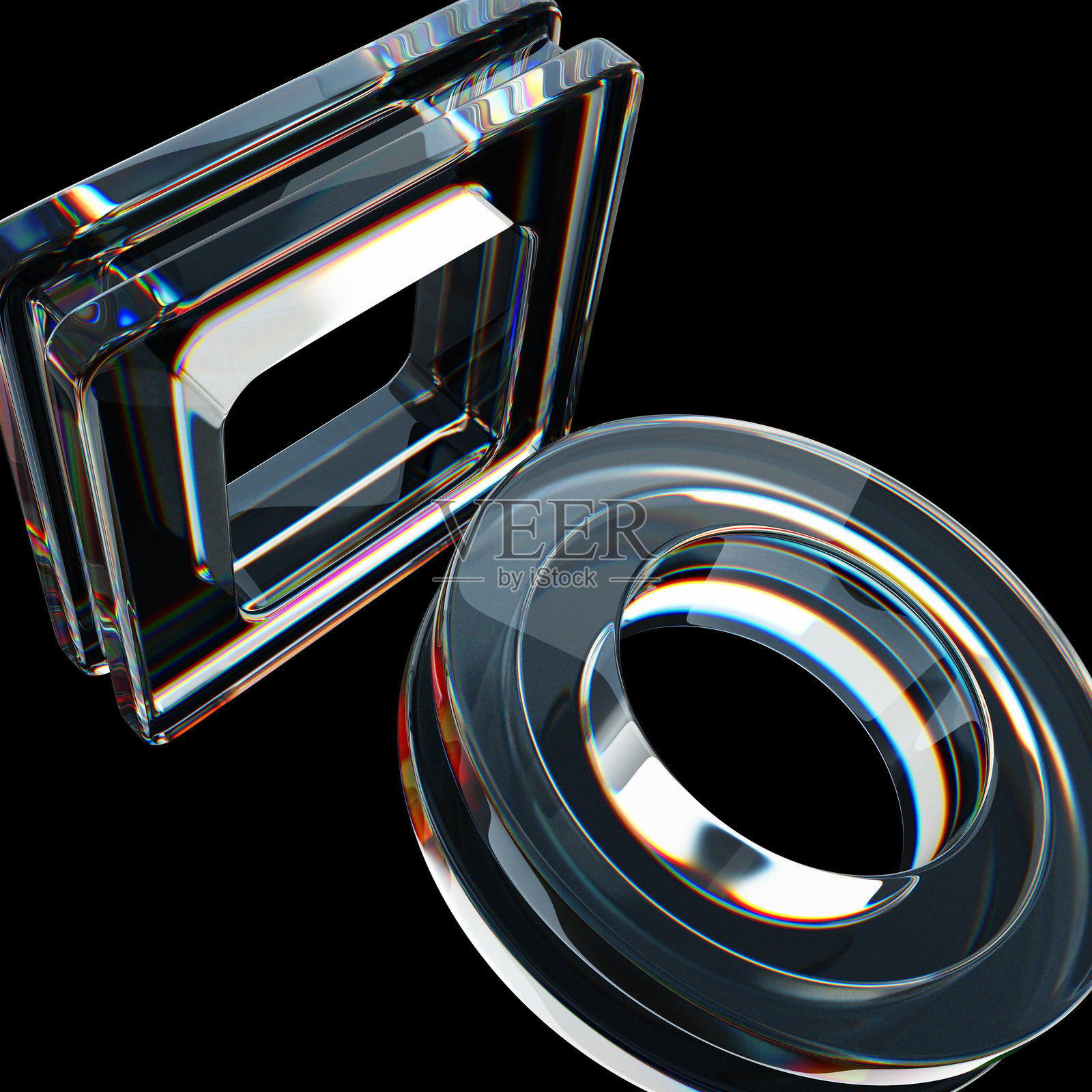 黑色3D背景，带有玻璃全息透明圆形、方形和光散射效果渲染。动态黑色数字科技横幅，配有水晶彩虹霓虹渐变几何形状。照片摄影图片