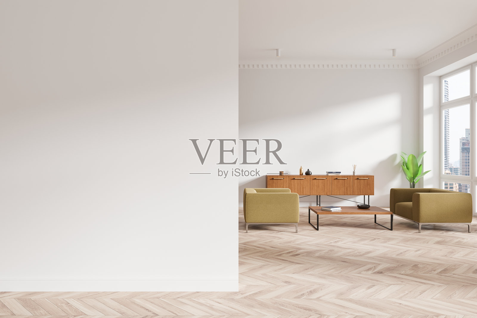 现代客厅室内，左侧有空白墙面，木地板，简约家具，大窗户为空间提供充足光线。3D渲染图照片摄影图片