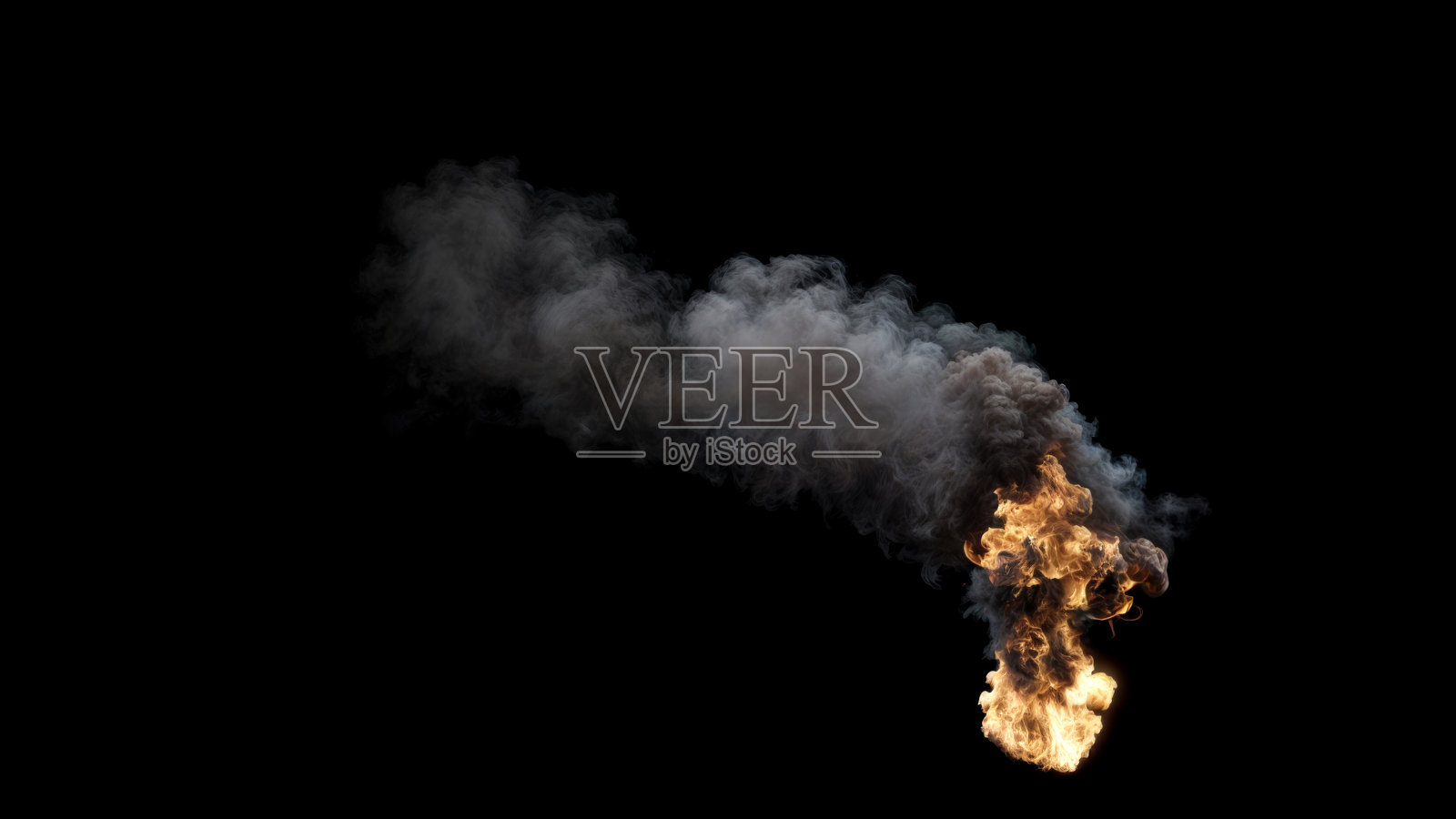 黑色背景上，孤立的火焰高高燃烧，浓烟滚滚，伴随着强烈的侧风。照片摄影图片