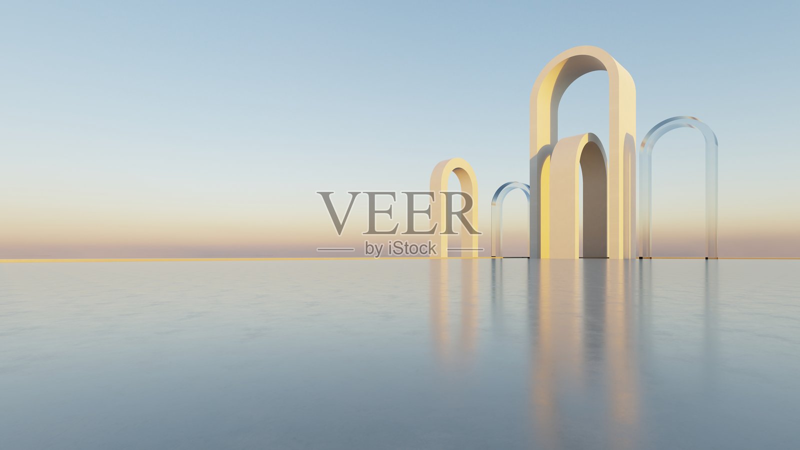 抽象极简拱形建筑背景的3D插图，几何建筑设计，3D渲染照片摄影图片