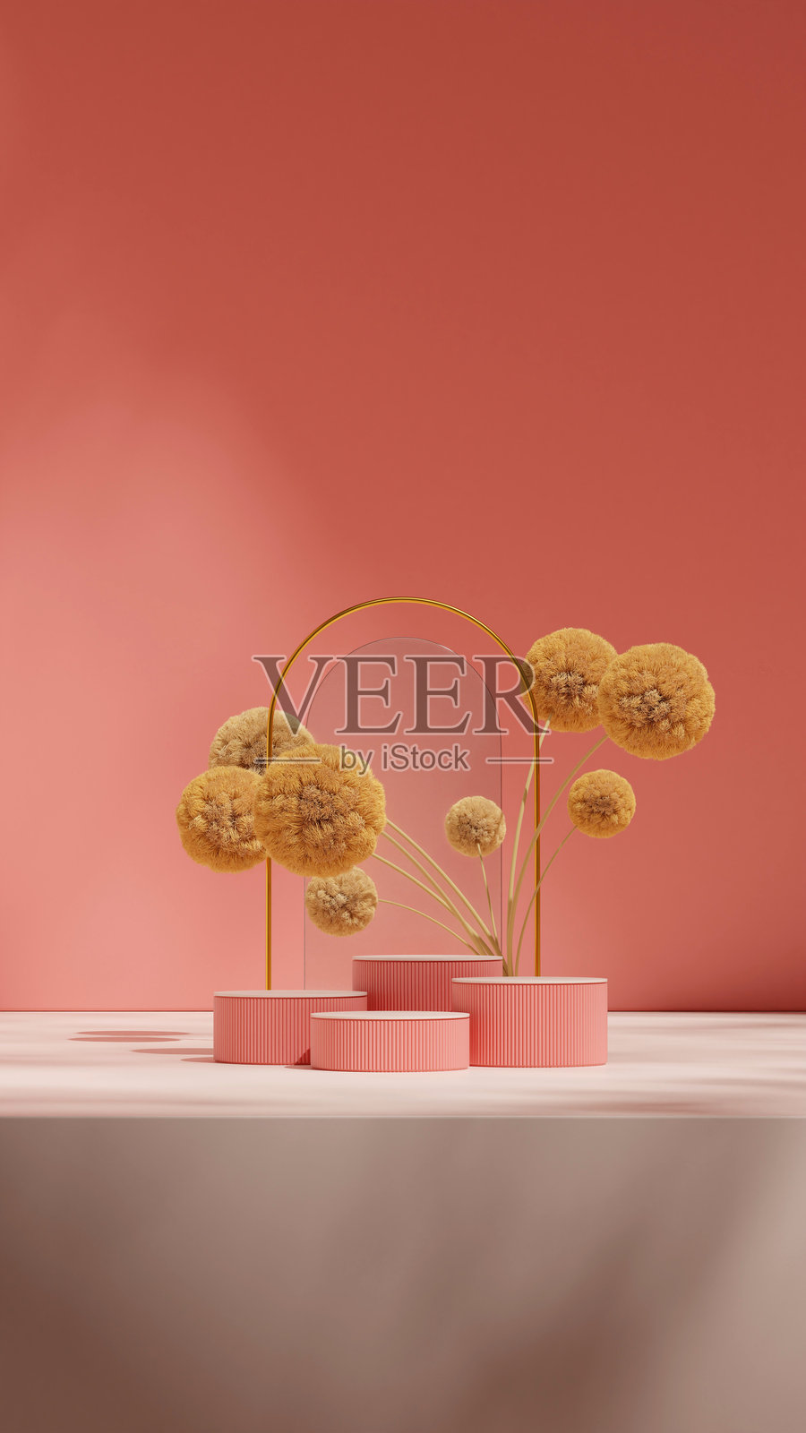 在肖像拱门背景下，3D渲染的粉色曲线圆柱展示台空白模型照片摄影图片