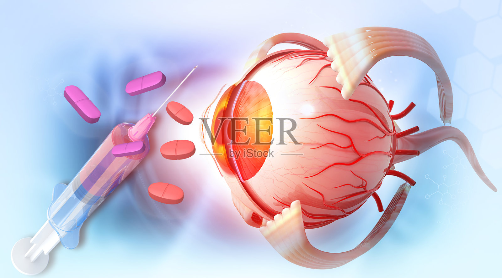 人眼解剖图与注射器和药丸照片摄影图片