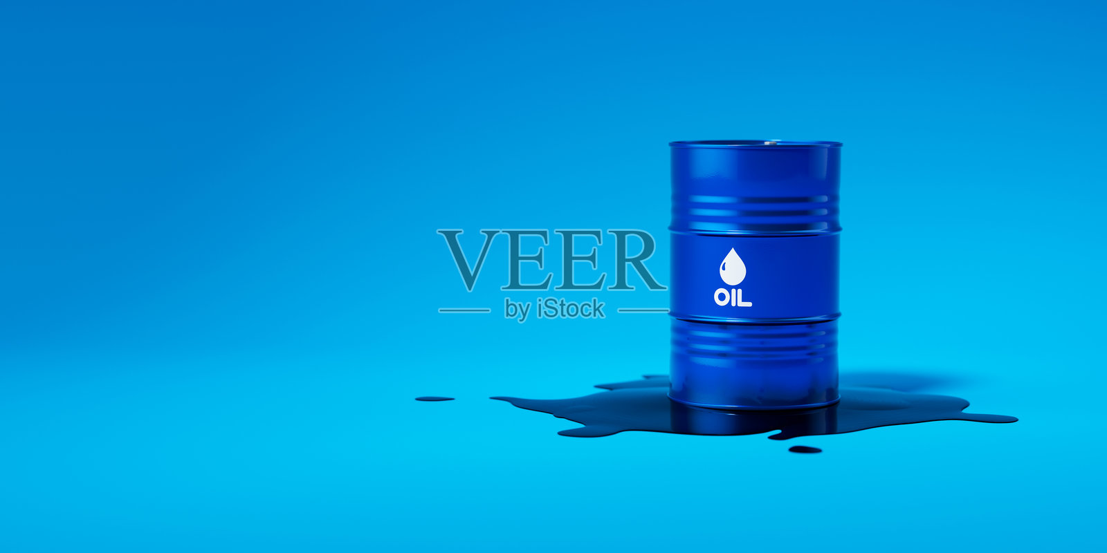 单个蓝色金属油桶矗立在蓝色背景下的原油洼水中。黑色油塘。工业概念。3D渲染插图。照片摄影图片