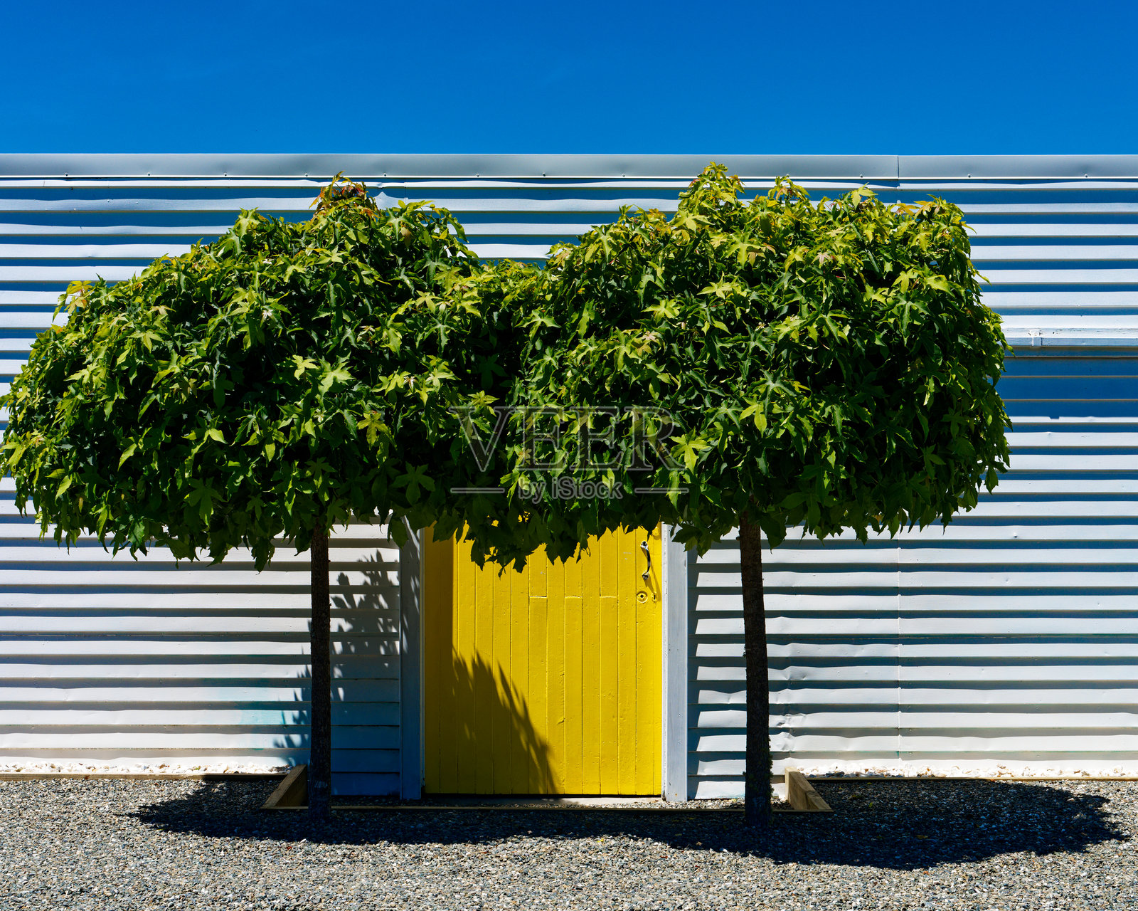 黄色的门。一个有黄色门的车库，旁边有两棵绿色的树和蓝色的天空。照片摄影图片