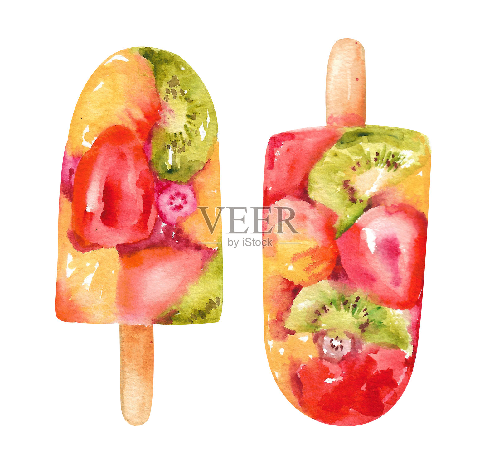 水彩冰淇淋。货架上的水果冰与真实水果。插画图片素材