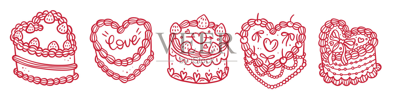 调皮的蛋糕套装。复古线条蛋糕系列，带有复古装饰。心形蛋糕调皮插图，配有蝴蝶结。调皮的丝带情人节礼物。手绘线条涂鸦矢量插图。插画图片素材