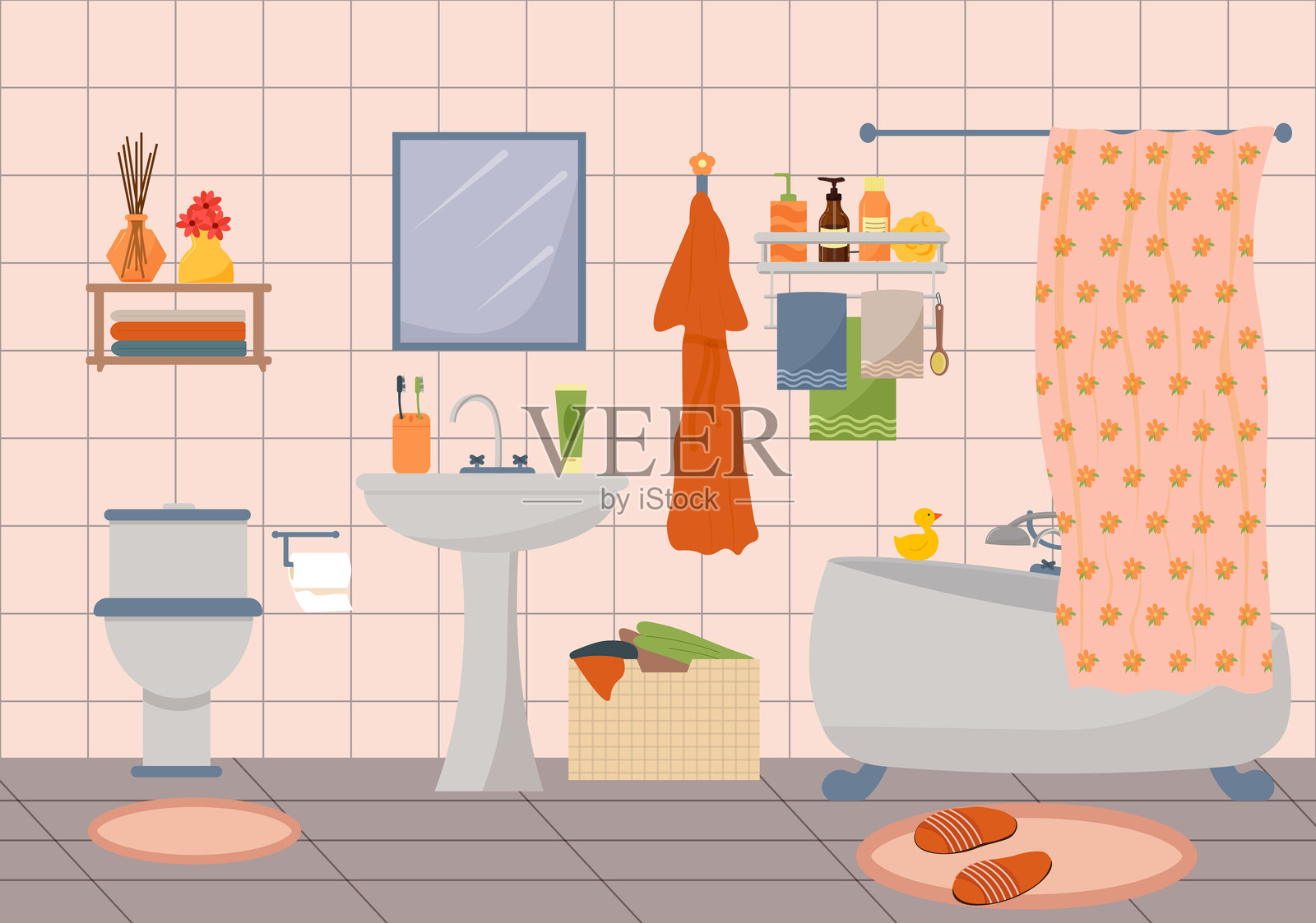 浴室。洗手池和马桶。带淋浴和窗帘的浴缸。镜子、洗衣篮、地毯和拖鞋。毛巾、浴袍和个人卫生用品。插画图片素材