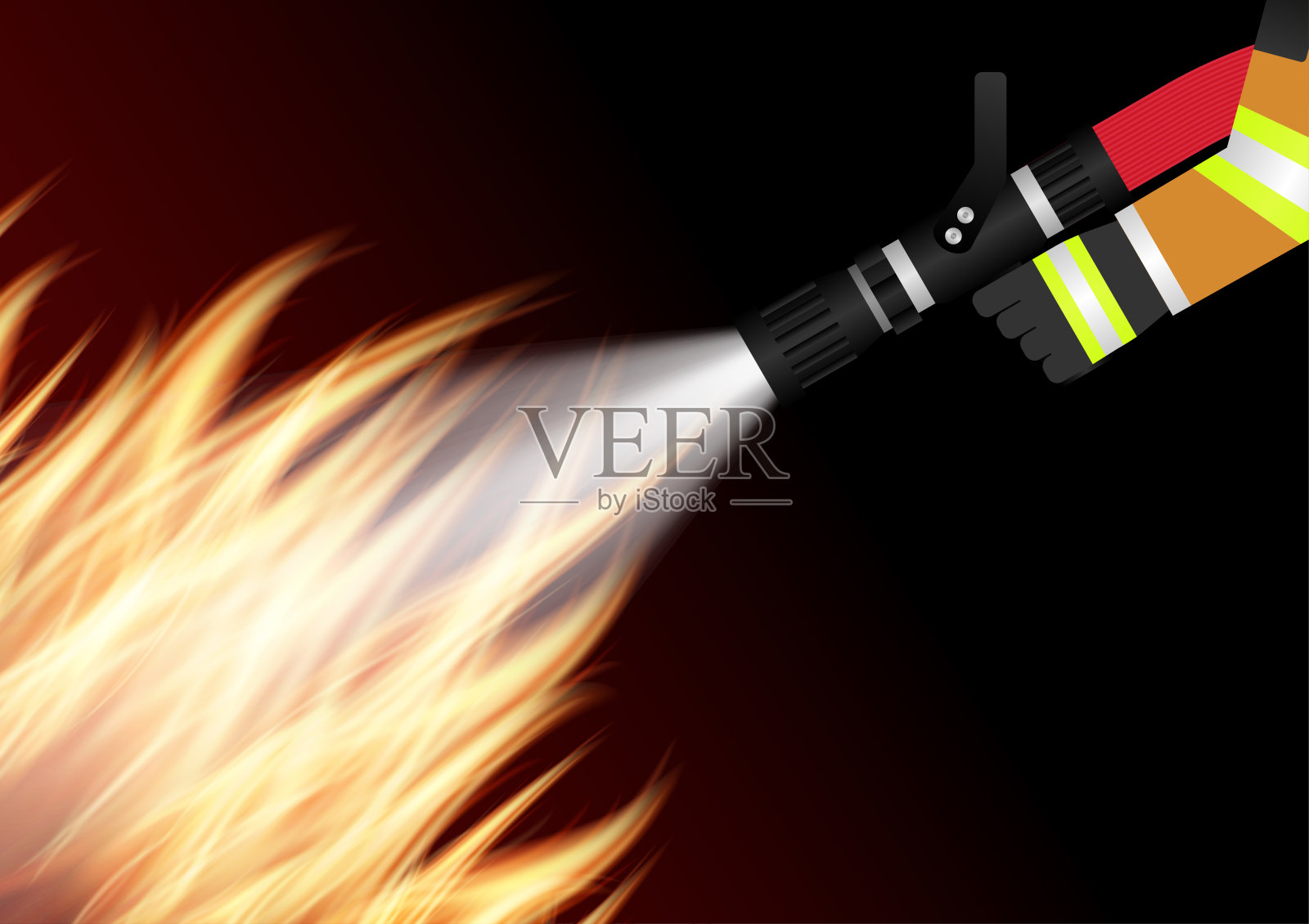 消防员握着灭火水管喷嘴喷洒水灭火。插画图片素材