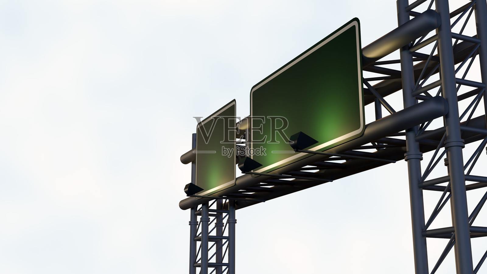 绿色矩形标牌，带有银色边框，固定在金属悬挂钢结构上照片摄影图片