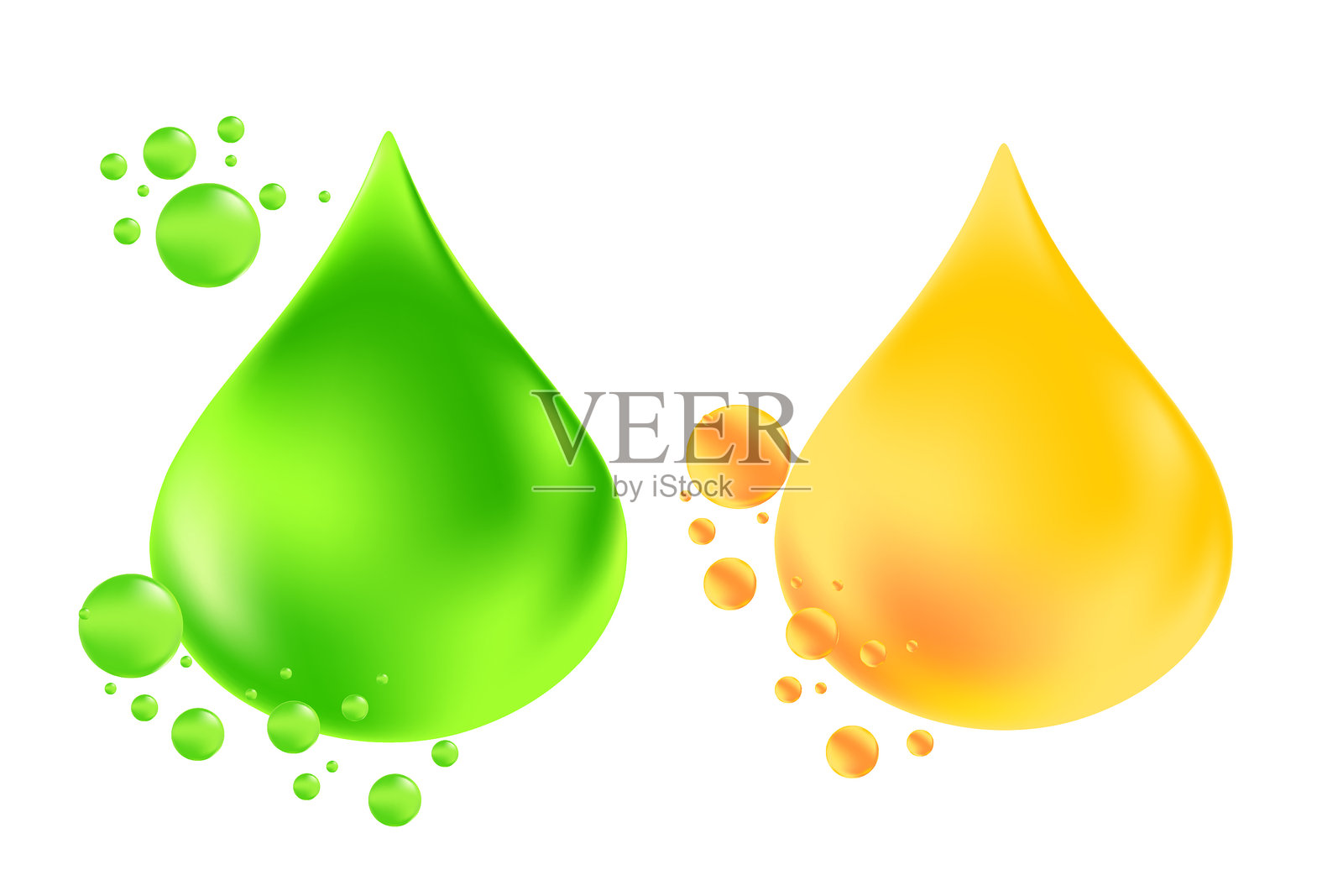 绿色有机油滴图标或金黄色液滴元素，带有发光颗粒和流体气泡，独立PNG，透明背景。生物精华配方。美容、营养、维生素插画图片素材