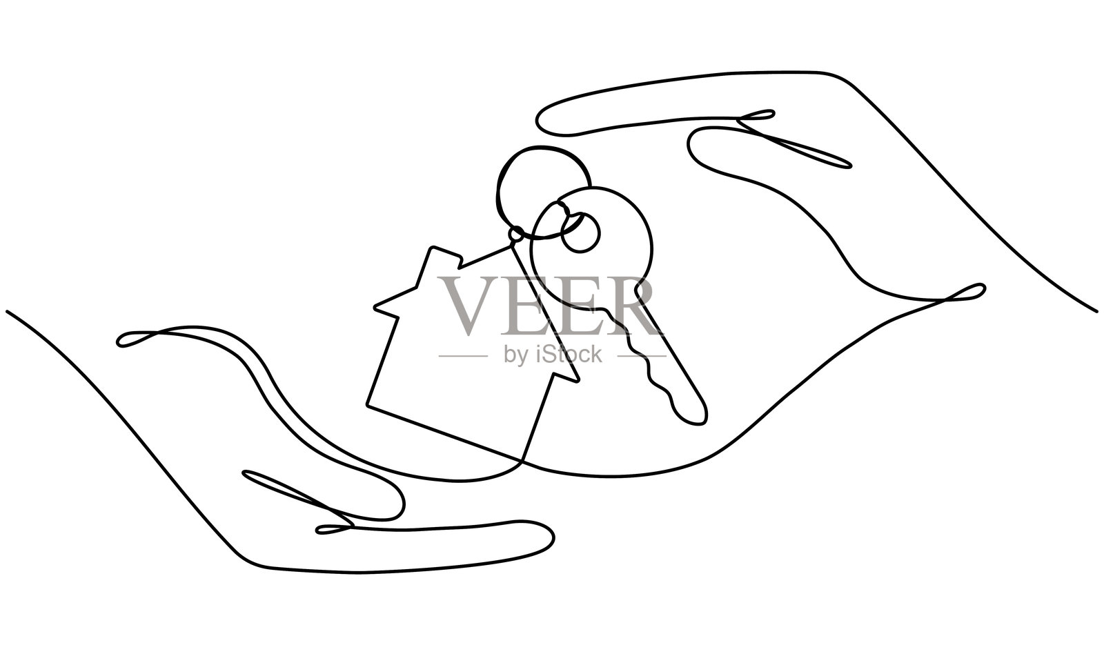 手握钥匙与房子的连续线条艺术绘画。插画图片素材