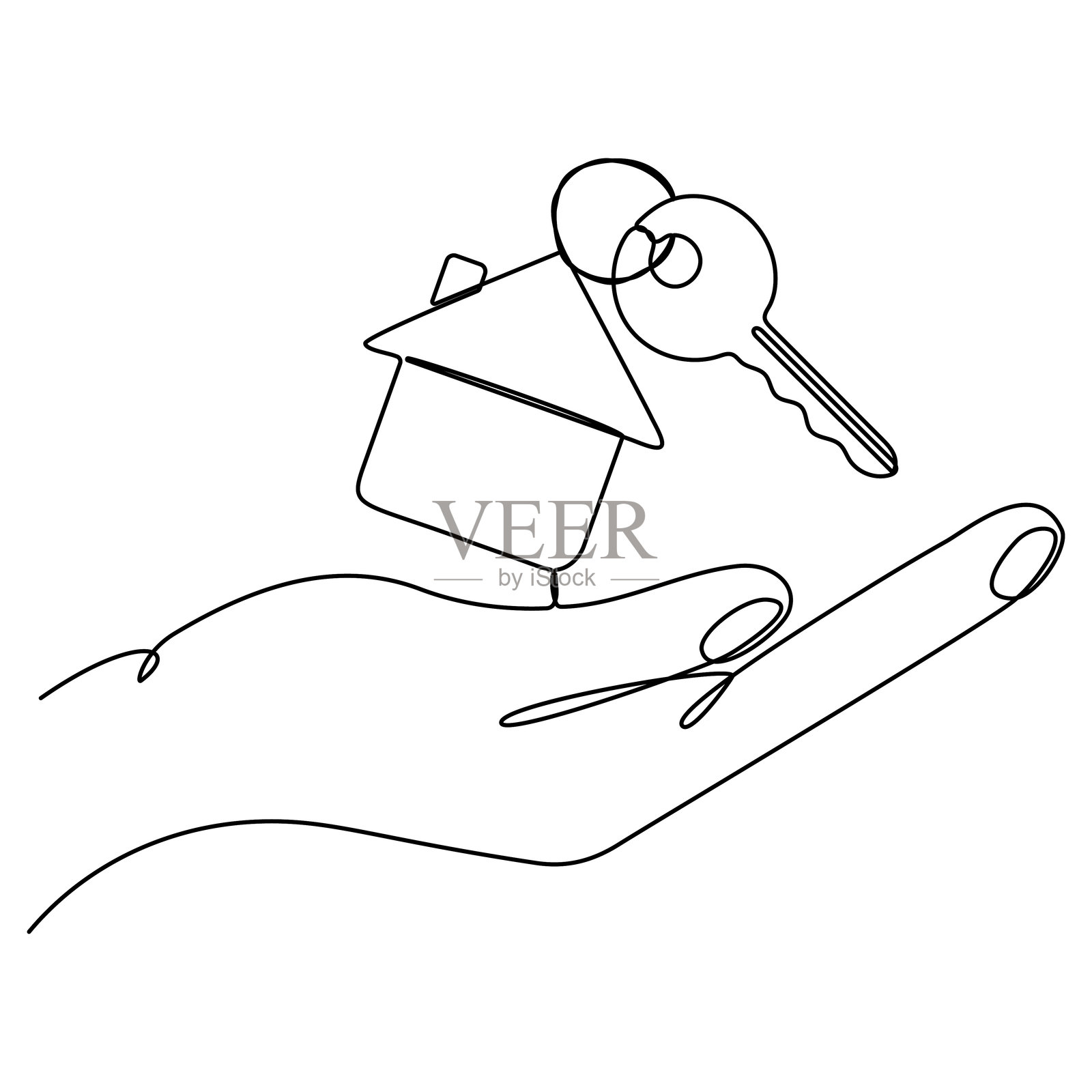 手握钥匙与房子的连续线条艺术绘画。插画图片素材