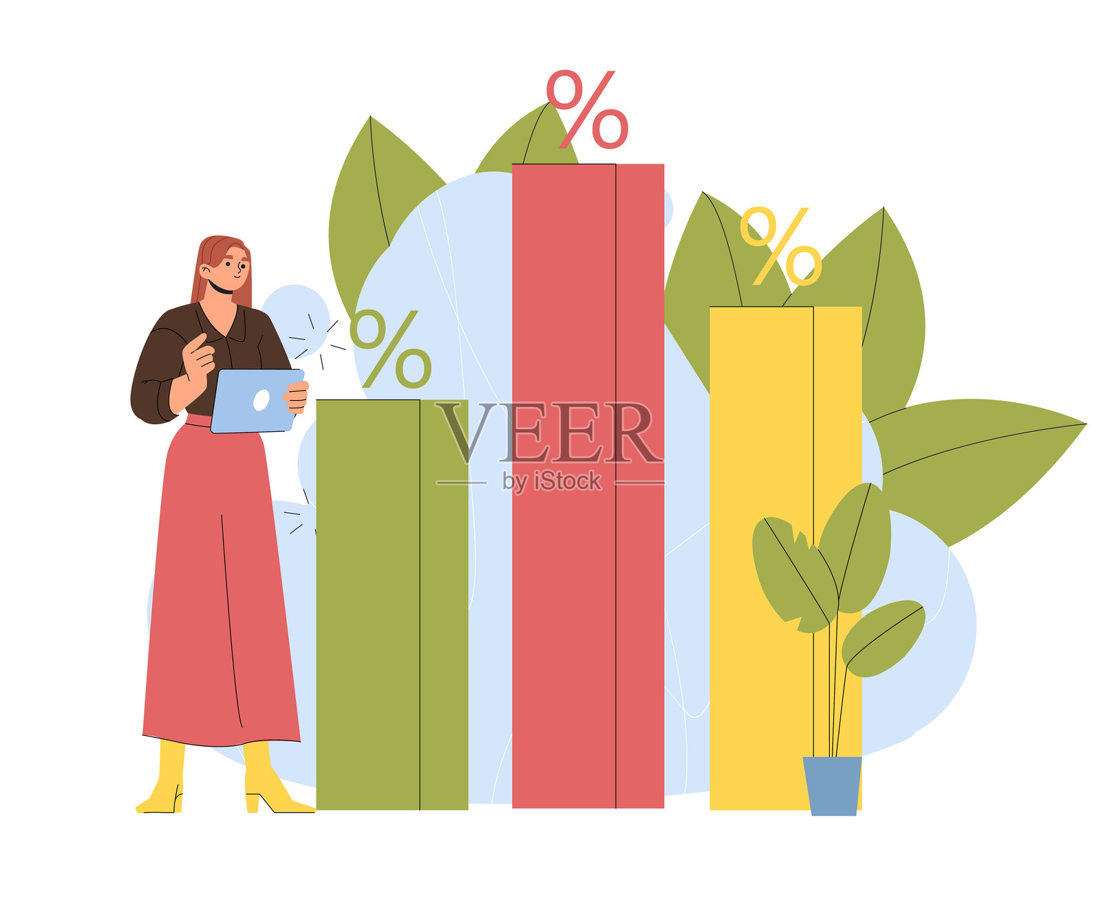 女性在统计评分。年轻女孩在绿色、黄色和红色图表旁边。分析师进行社会学研究。统计数据和信息图表，数据可视化。扁平矢量插图插画图片素材