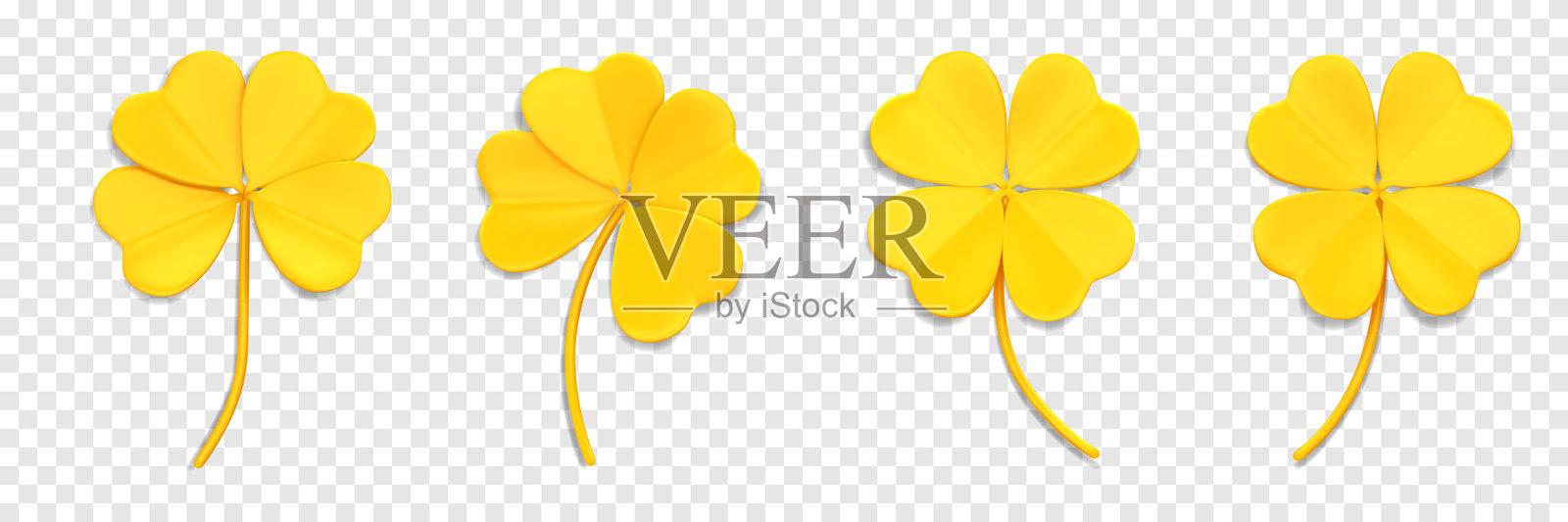 3D黄色三叶草叶子。幸运的象征——三叶草。圣帕特里克节的装饰元素。带有三叶和四叶叶子的3D图标，背景透明。插画图片素材