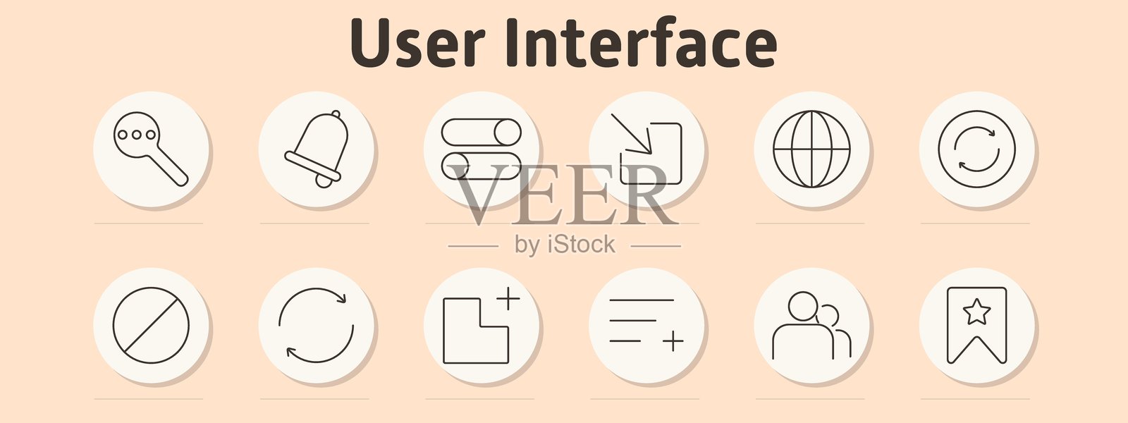 用户界面图标集：放大镜、通知铃、切换开关、最小化、地球、刷新、阻止符号、旋转箭头、添加方框、用户头像、带星标的书签。插画图片素材