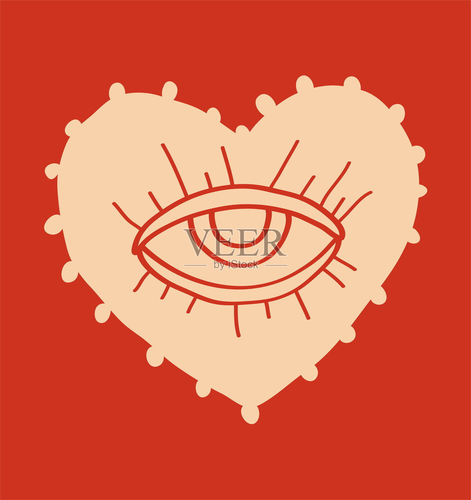 心形眼睛图标。红色背景上的线条艺术插图。插画图片素材