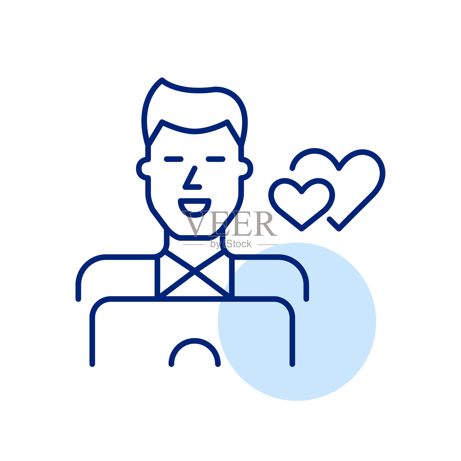 微笑的男子在笔记本电脑前，旁边有两个心形图案。在线聊天，使用约会网站。寻找伴侣。虚拟关系。像素完美，可编辑的线条图标。插画图片素材