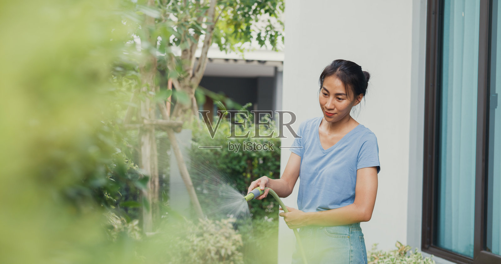 快乐的亚洲女孩穿着蓝色衬衫，使用花园水管在舒适的家园中浇水。亚洲女士温柔地给植物浇水，享受园艺和家庭生活。照片摄影图片