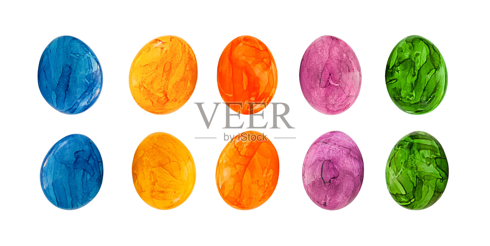 蓝色、紫色、橙色、黄色和绿色的复活节彩蛋照片摄影图片