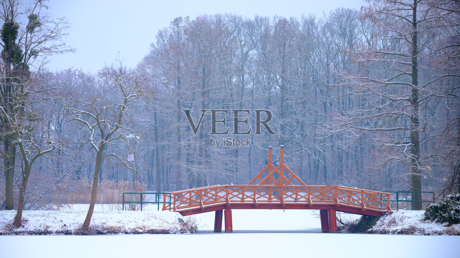 雪-covered公园里有一座木桥，周围是光秃的树木。照片摄影图片