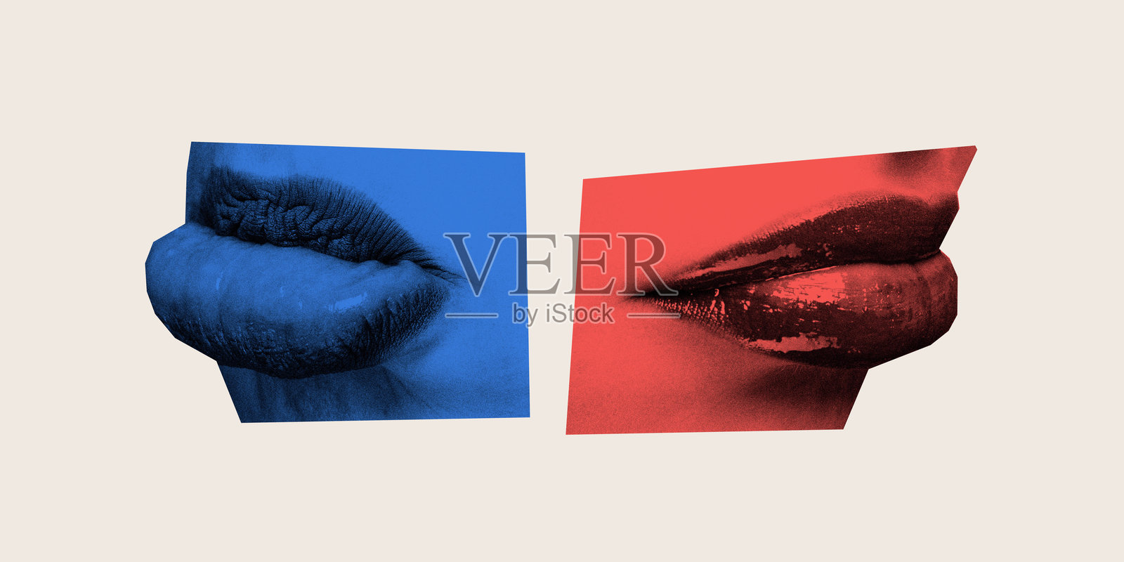复合艺术作品。对比鲜明的蓝色和红色嘴唇紧紧相贴，象征着紧张和未说出口的话语，置于超现实的视觉背景中。照片摄影图片