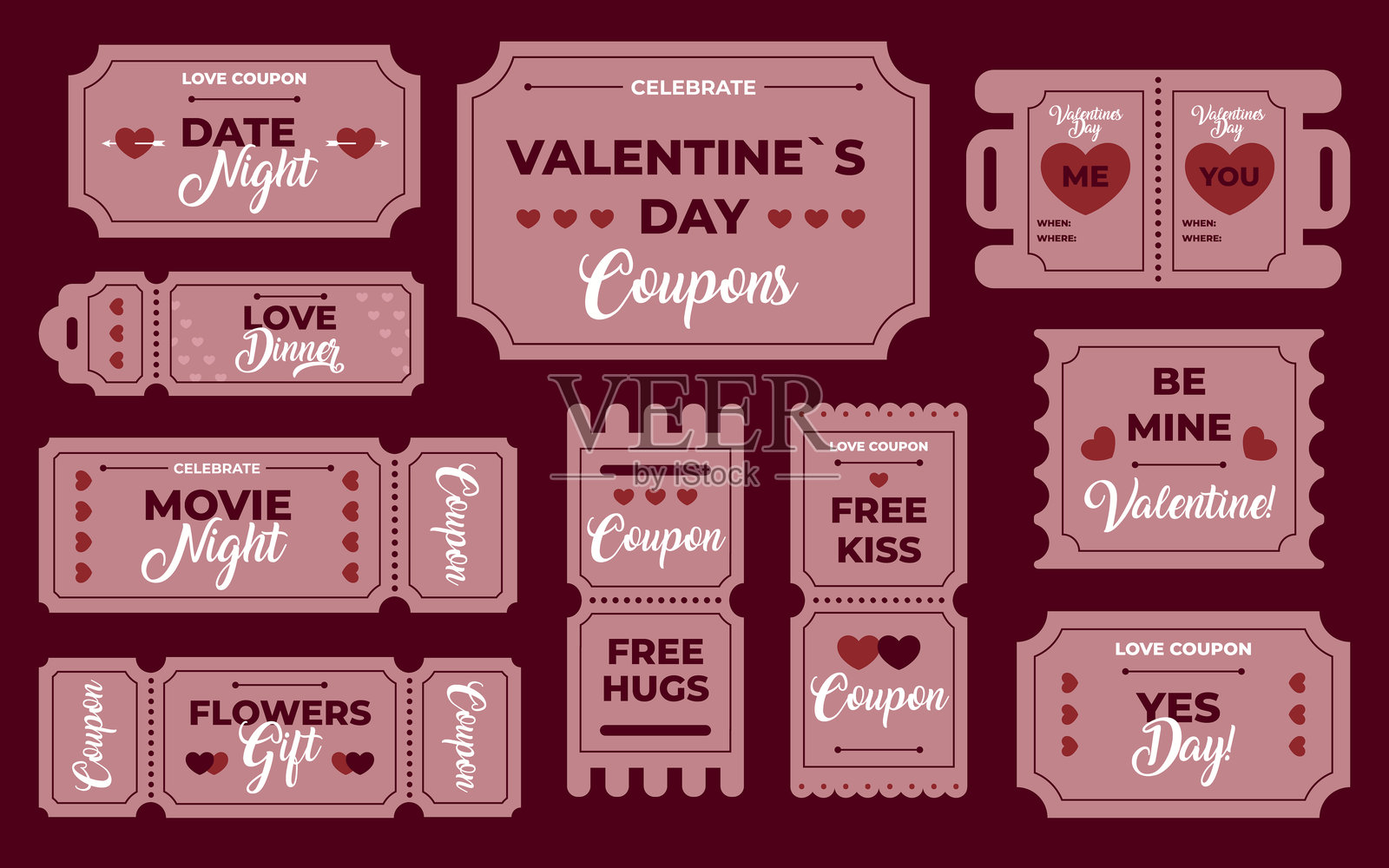 爱情优惠券，浪漫票，节日礼品券，免费亲吻入场卡庆祝套装插画图片素材
